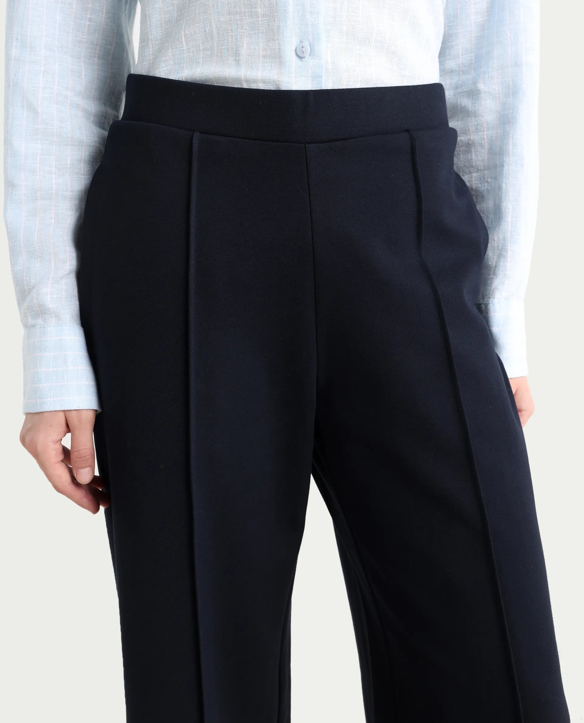 Rareism Women's Jancuri Navy Rayon Blend Plain Ankle Length Straight Fit Trouser