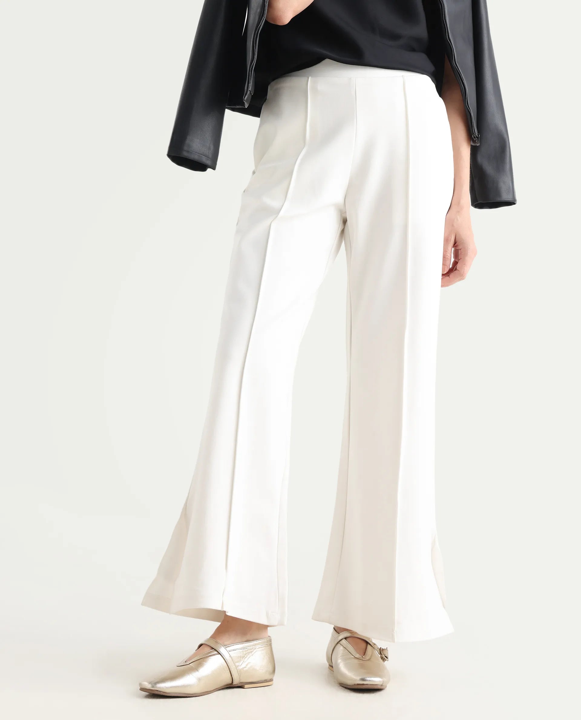 Rareism Women's Jancuri Off White Rayon Plain Ankle Length Straight Fit Trouser