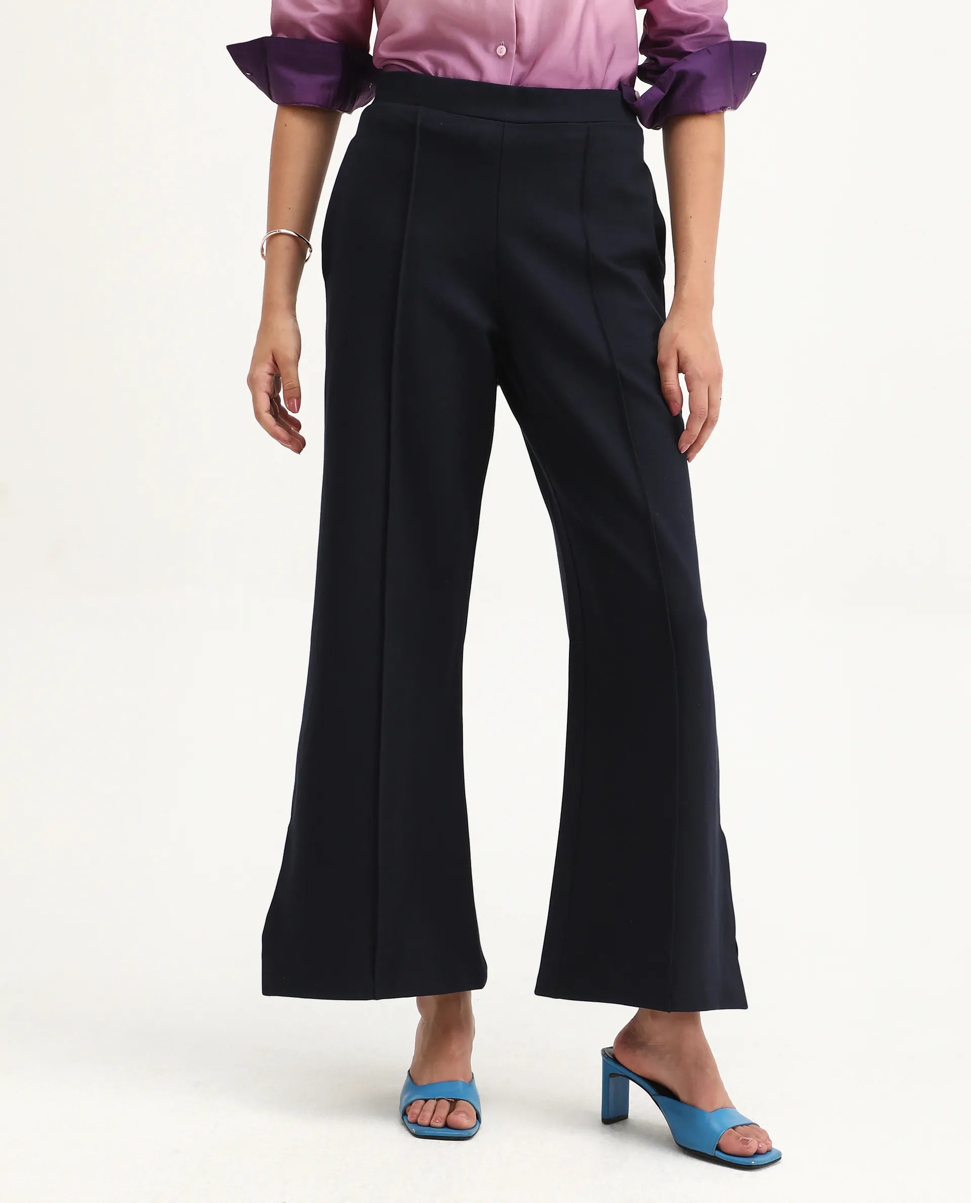 Rareism Women's Jancuri Navy Rayon Plain Ankle Length Straight Fit Trouser