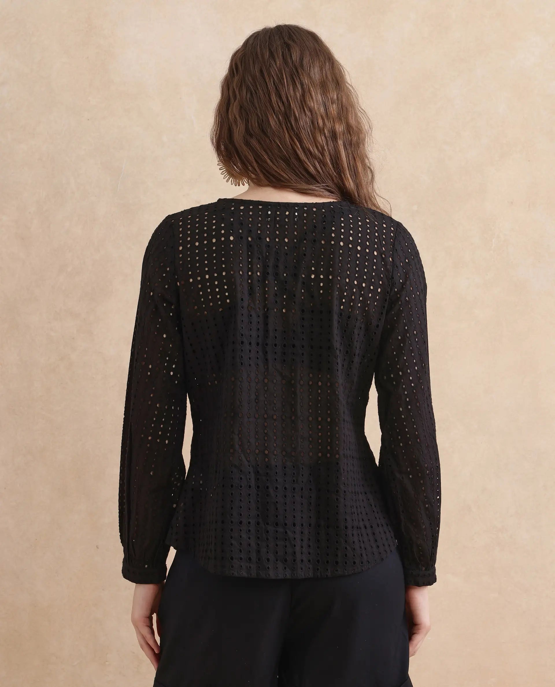 Rareism Women Jancy Black Cotton Fabric Bishop Sleeves Regular Fit Plain Top