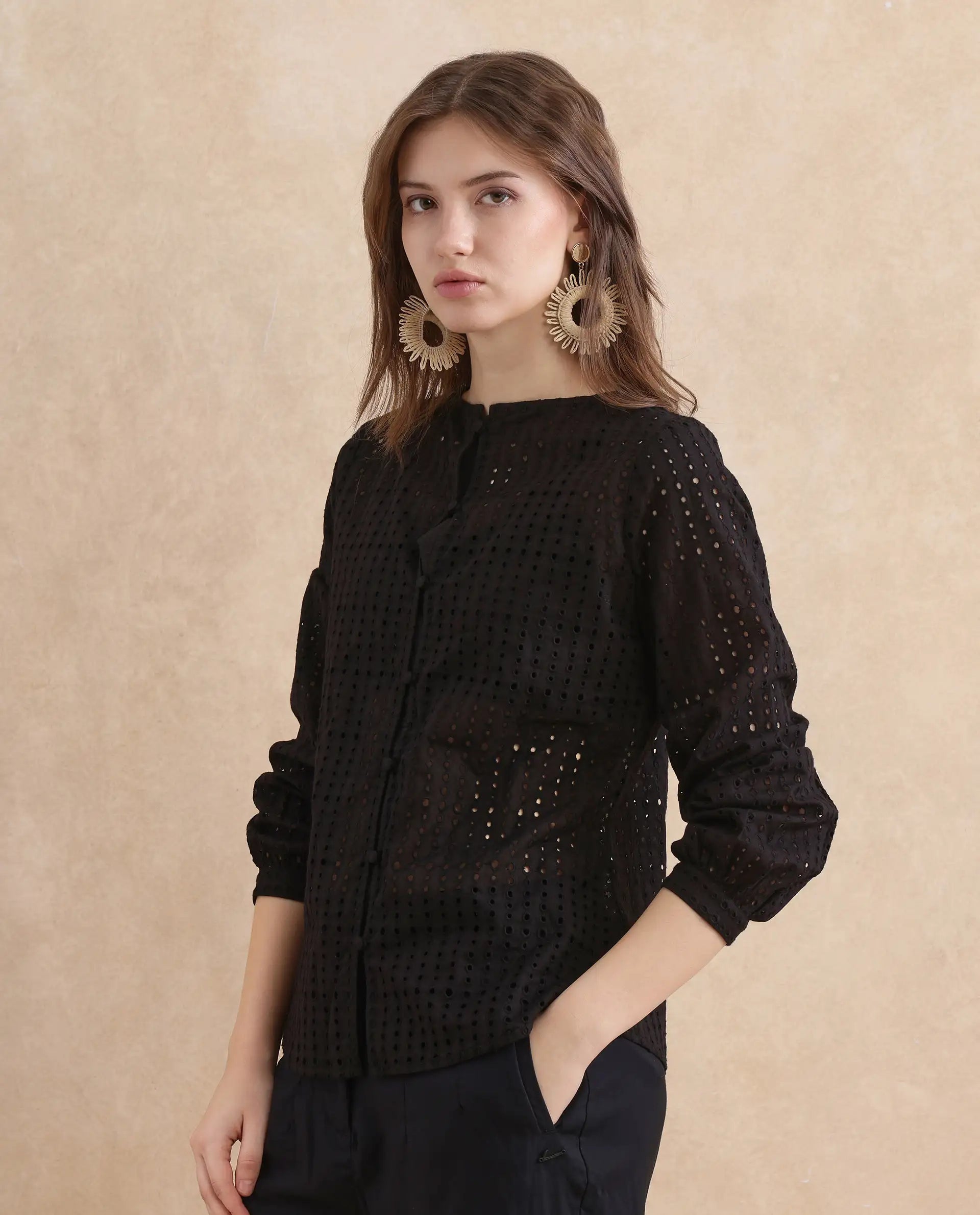 Rareism Women Jancy Black Cotton Fabric Bishop Sleeves Regular Fit Plain Top