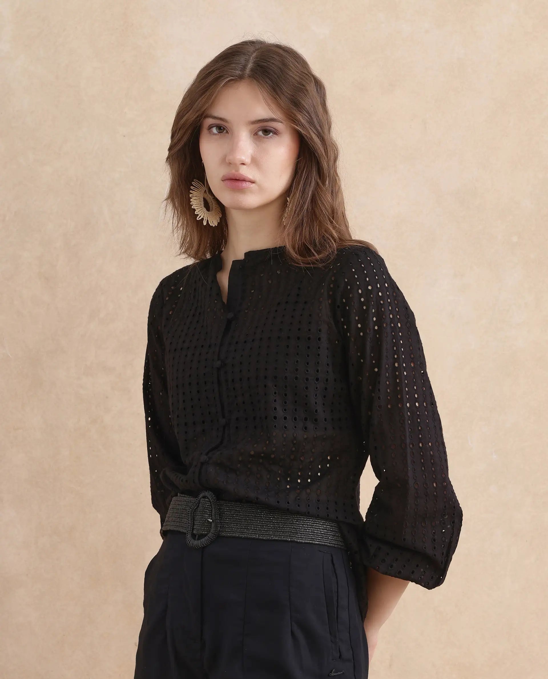 Rareism Women Jancy Black Cotton Fabric Bishop Sleeves Regular Fit Plain Top