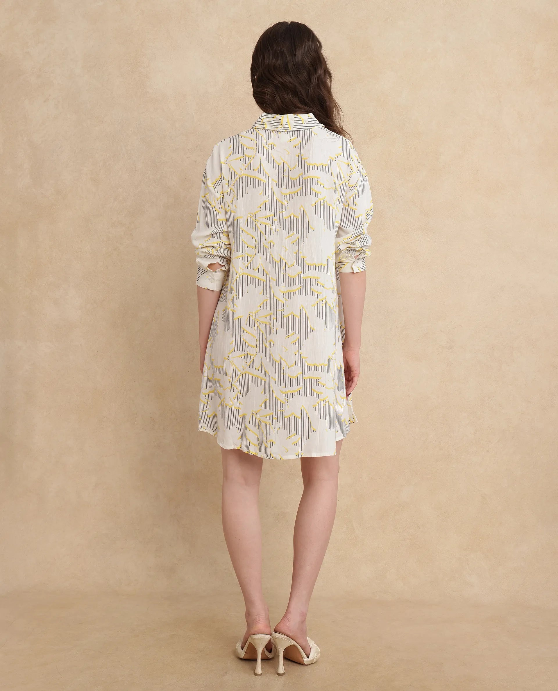 Rareism Women's Jandop Light Multi Cotton Fabric Collared Neck Button Closure Cuffed Sleeve Abstract A-Line Mini Dress