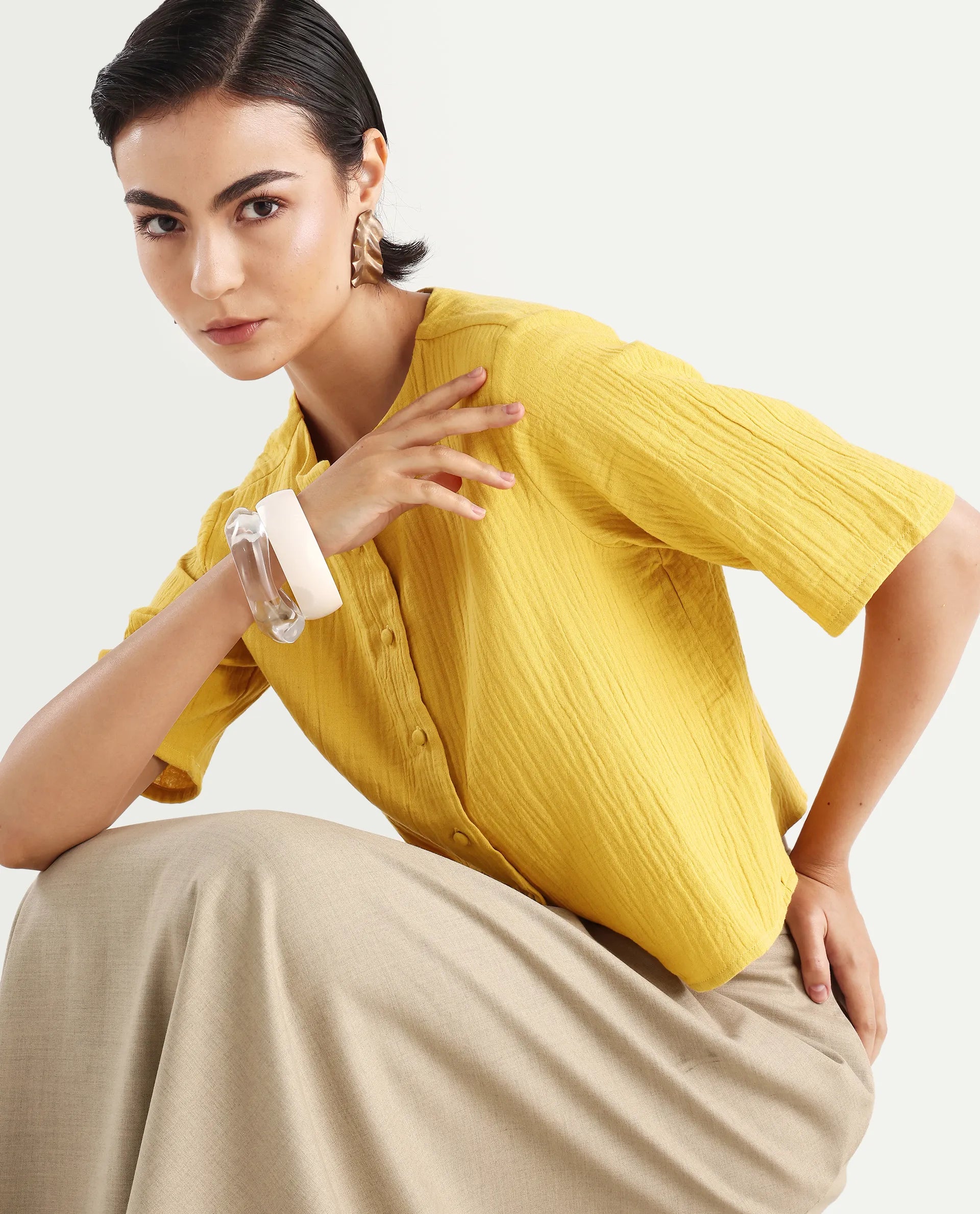 Rareism Women's Jandren T Mustard Cotton Round Neck Plain Relaxed Fit Top