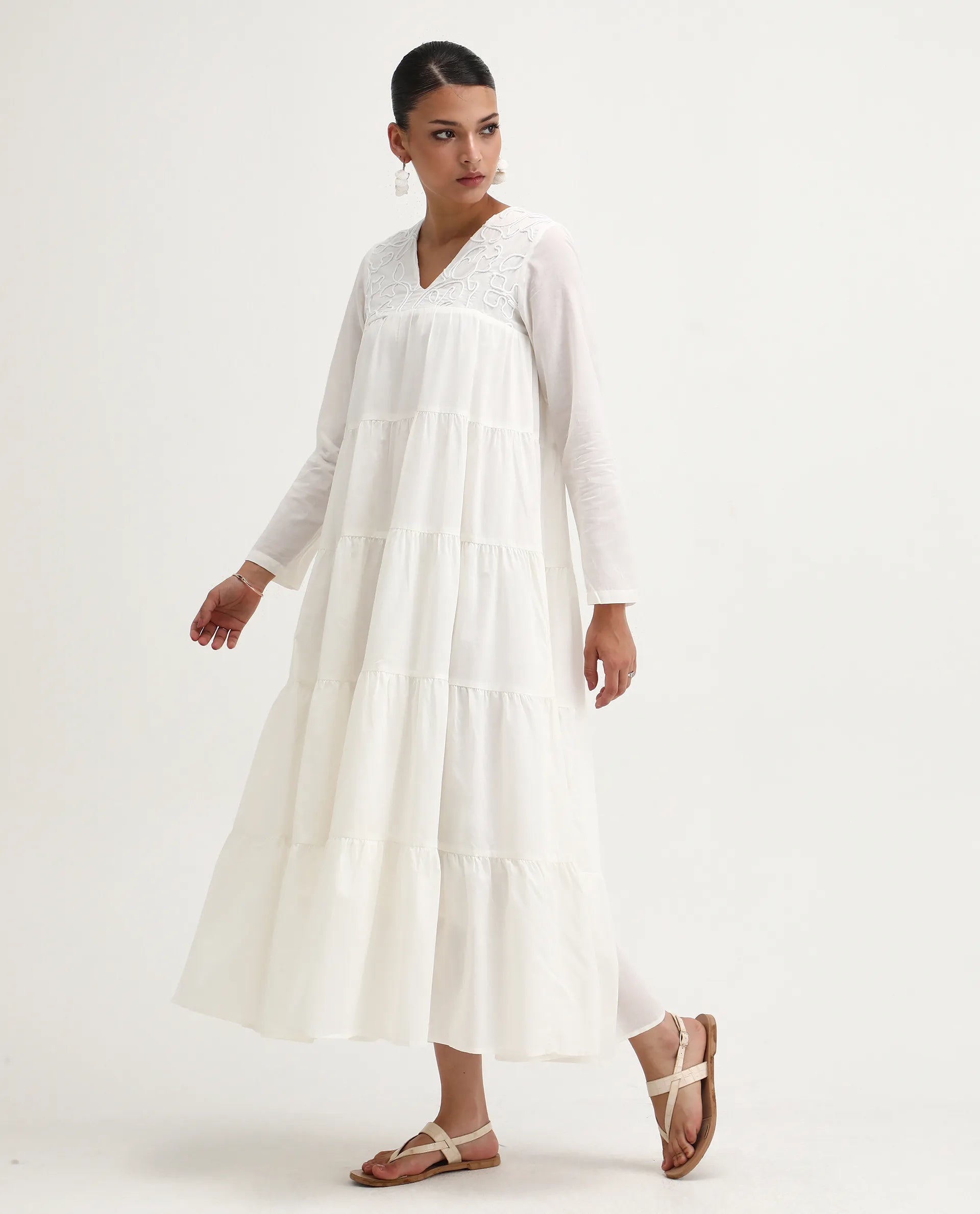 Rareism Women's Janear Beige Cotton Round Neck Plain Maxi Flared Dress