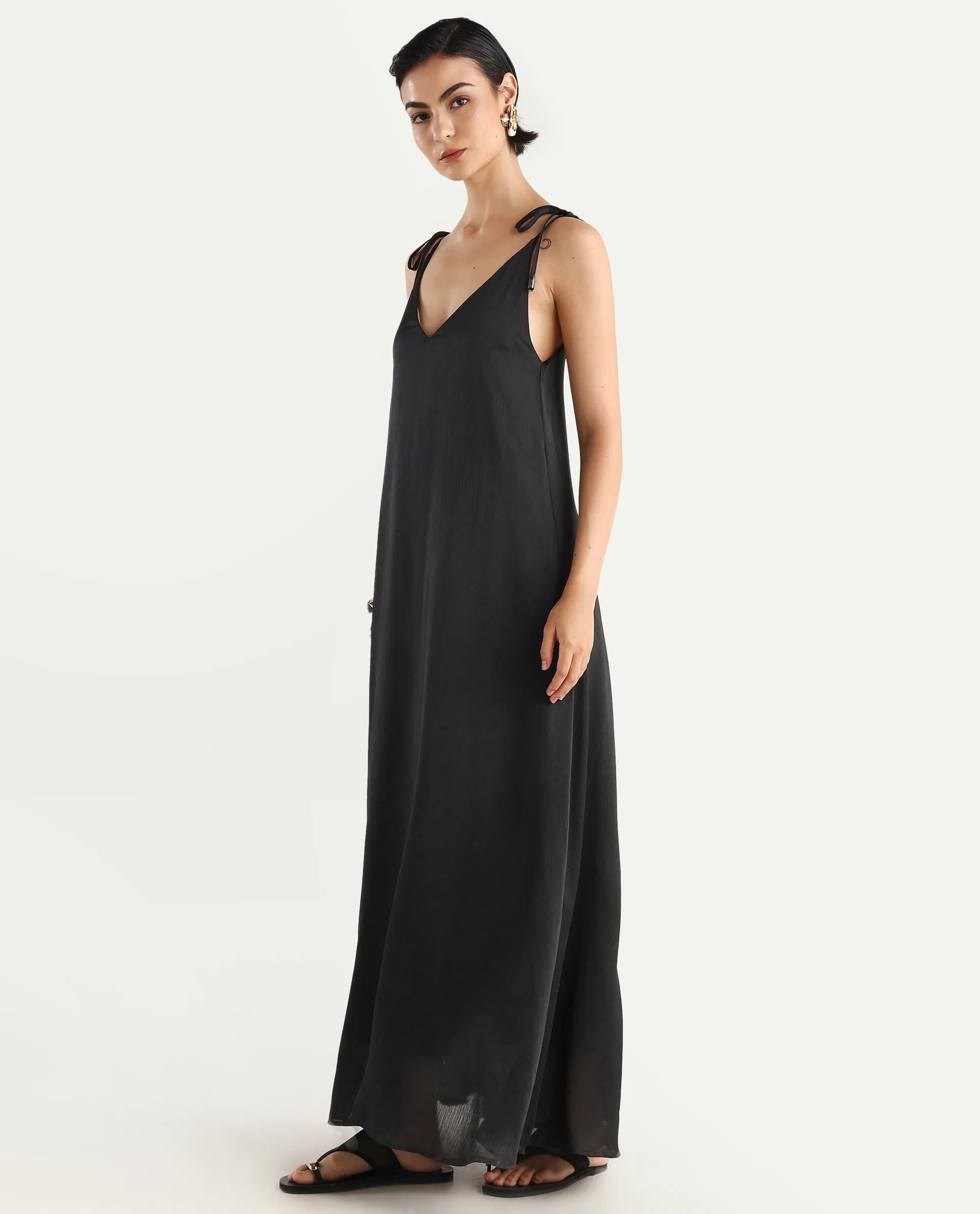 Rareism Women's Janfree Black Polyester Shoulder Strap Plain Sleeveless Maxi A-Line Dress