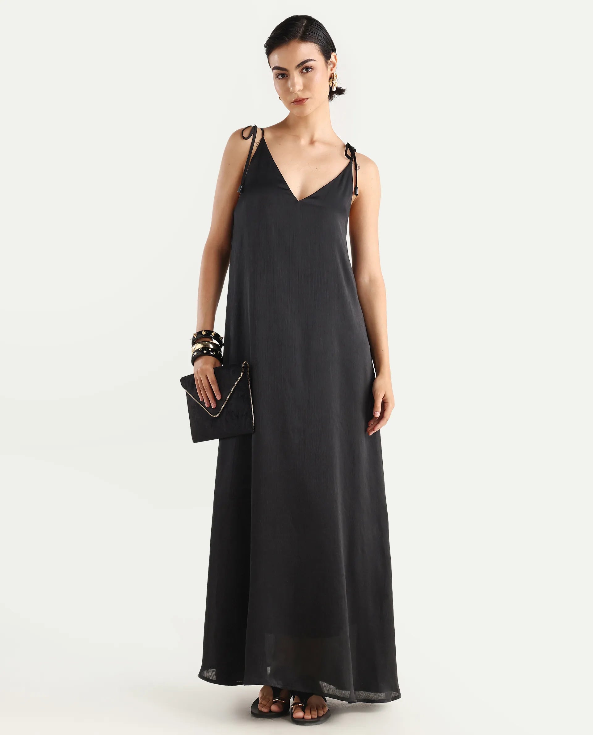 Rareism Women's Janfree Black Polyester Shoulder Strap Plain Sleeveless Maxi A-Line Dress