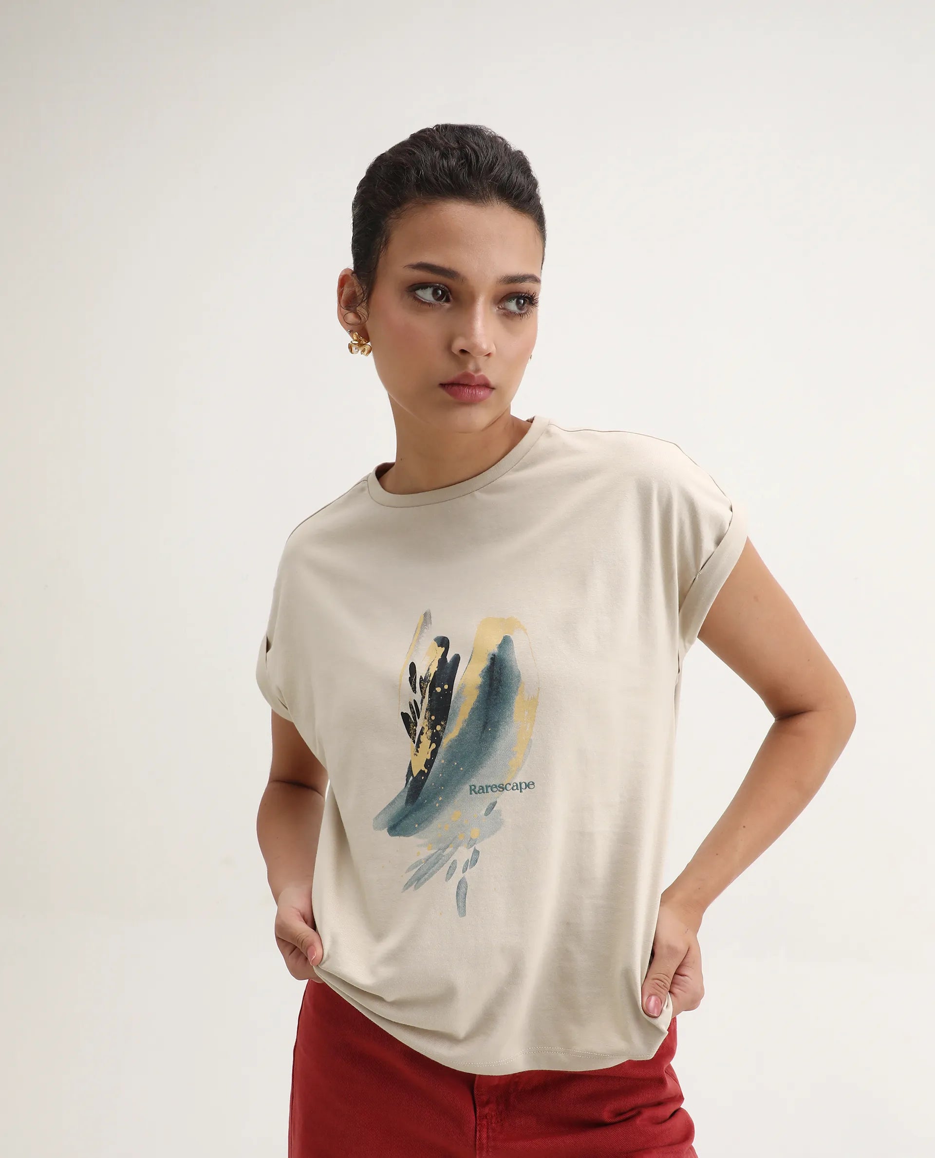 Rareism Women's Jango-S26 Beige Cotton Half Sleeve Regular Fit Graphic Print T-Shirt