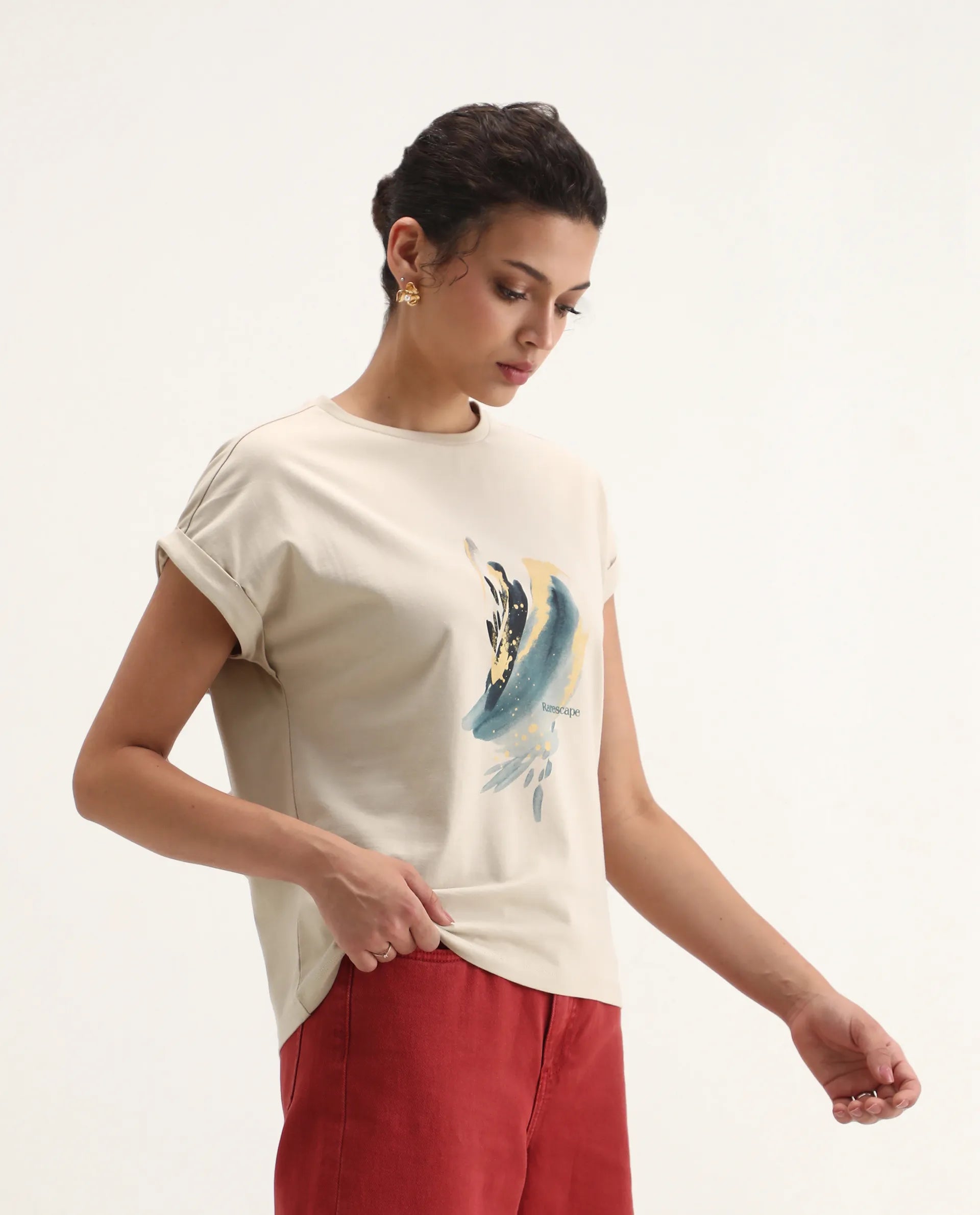 Rareism Women's Jango Beige Cotton Round Neck Graphic Print Extended Sleeves Regular Fit T-Shirt