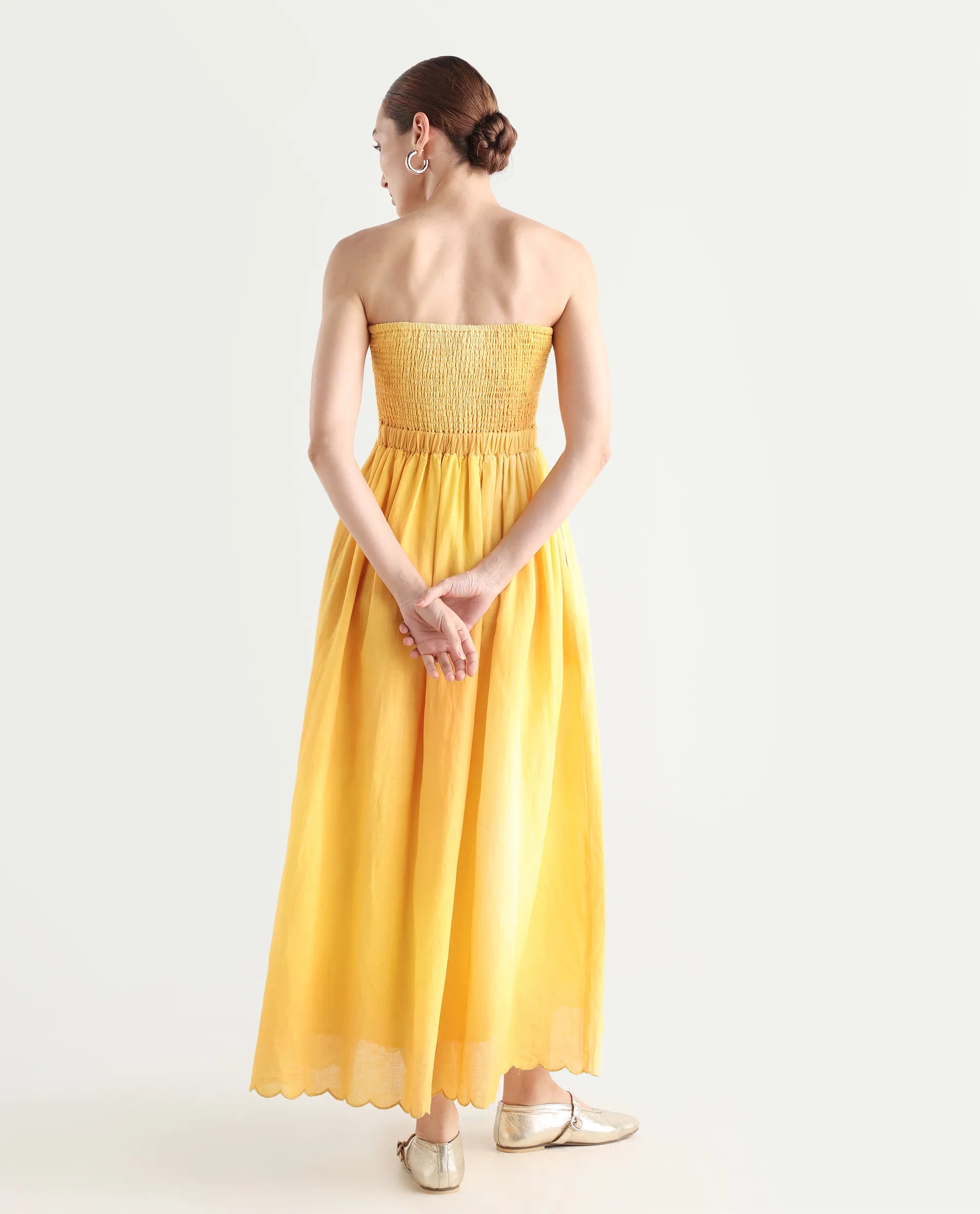 Rareism Women's Janholo Light Mustard Cotton Blend Tube Neck Ombre Sleeveless Maxi Fit And Flare Dress