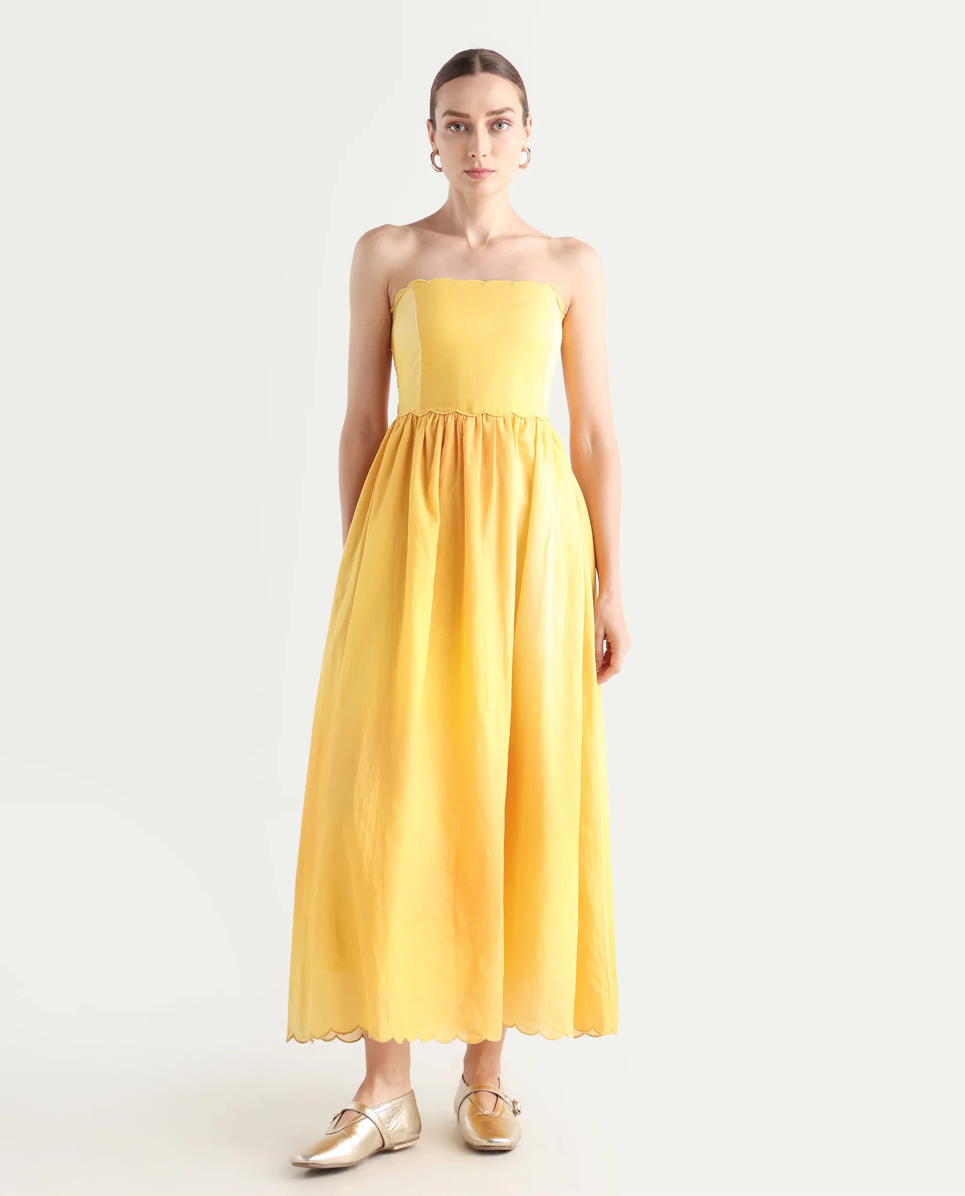 Rareism Women's Janholo Light Mustard Cotton Blend Tube Neck Ombre Sleeveless Maxi Fit And Flare Dress