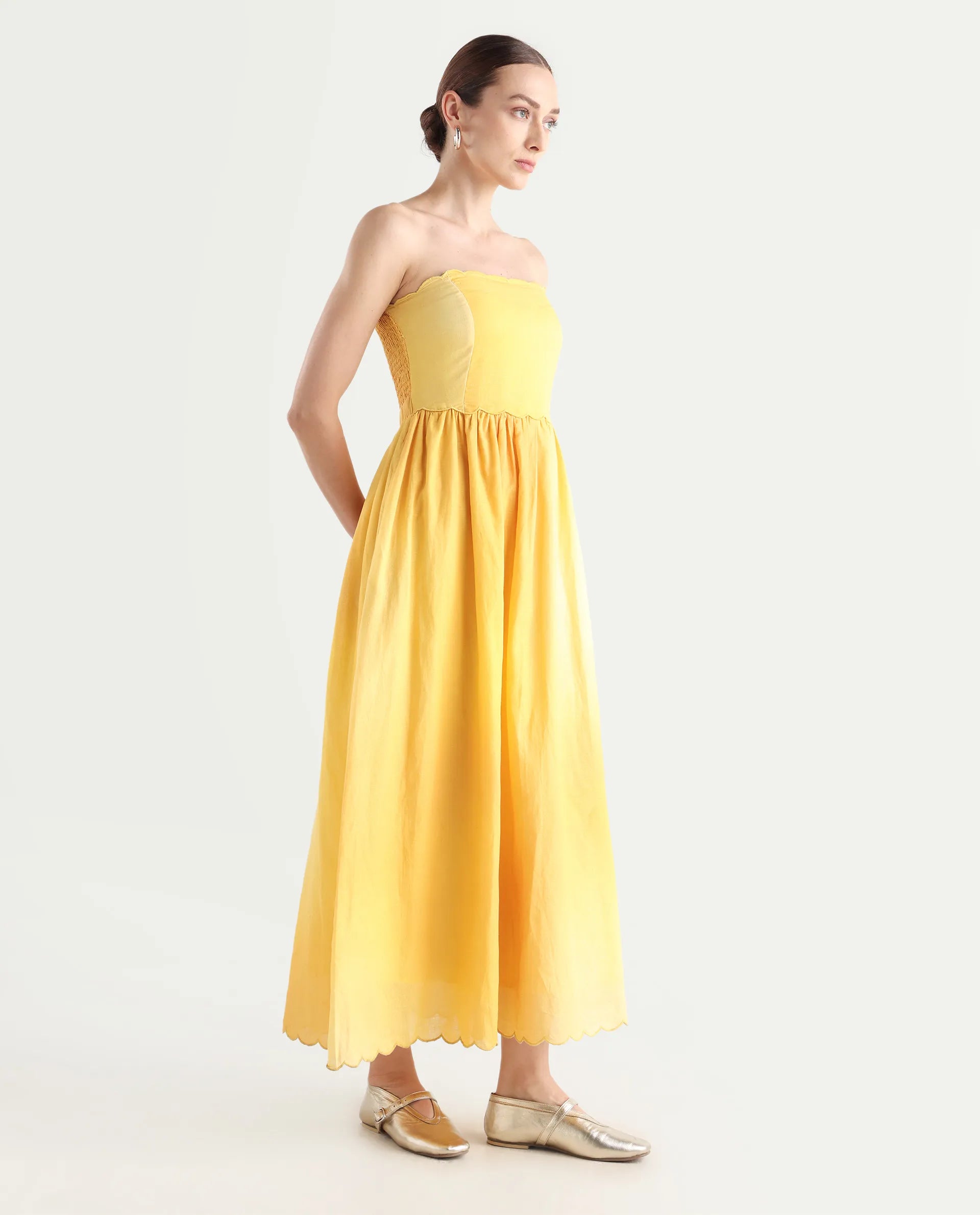 Rareism Women's Janholo Light Mustard Cotton Blend Tube Neck Ombre Sleeveless Maxi Fit And Flare Dress