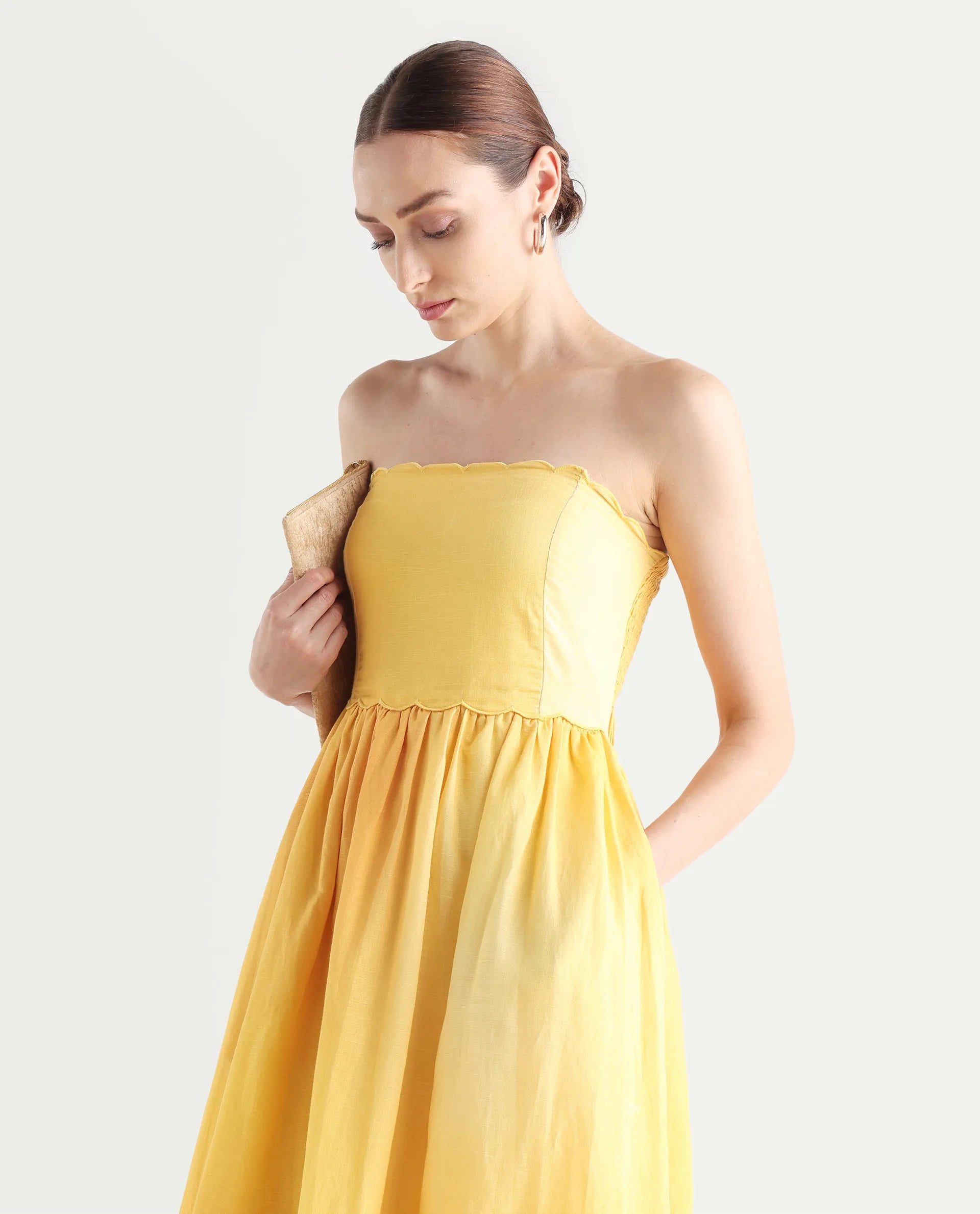 Rareism Women's Janholo Light Mustard Cotton Blend Tube Neck Ombre Sleeveless Maxi Fit And Flare Dress