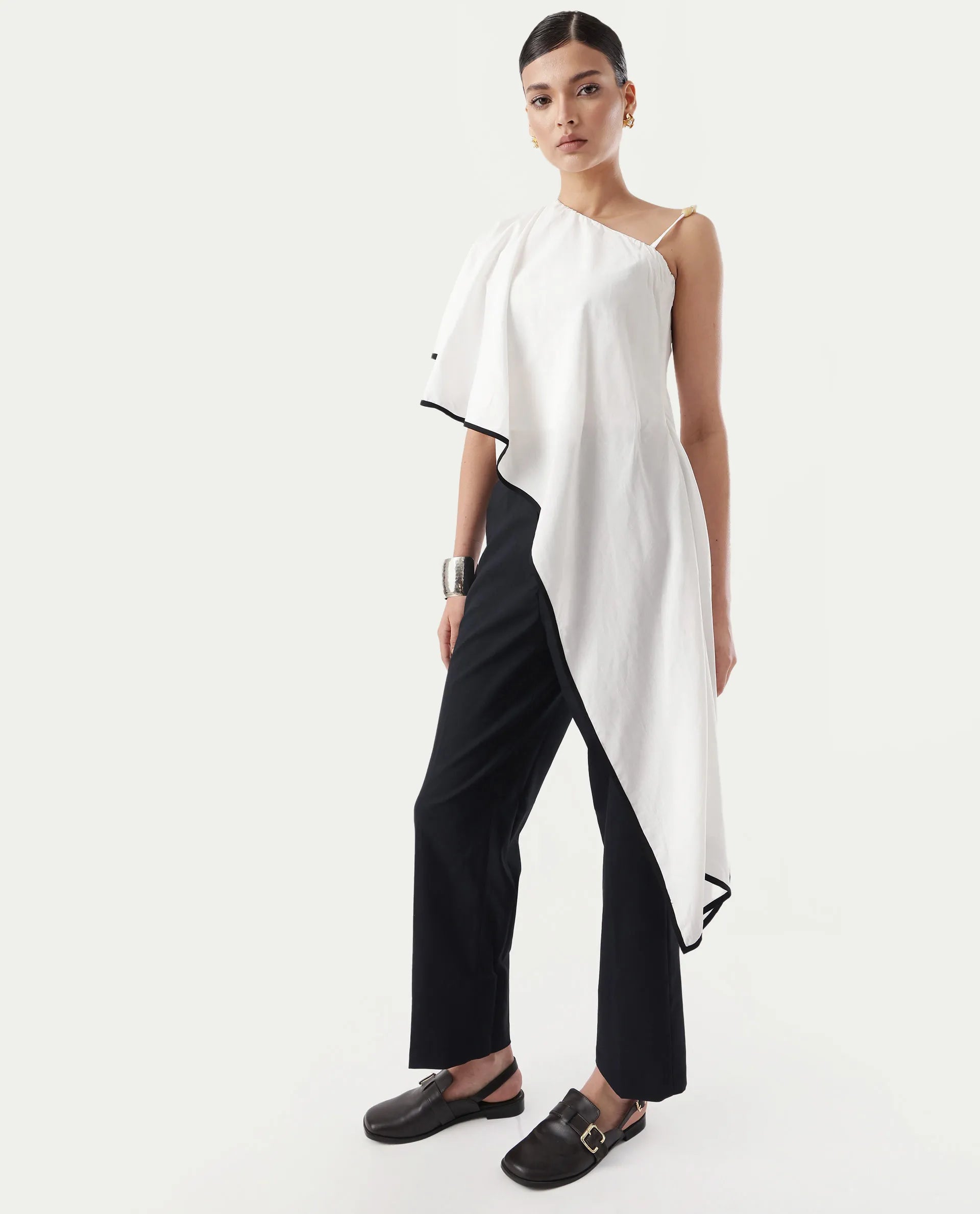 Rareism Women's Janhuna Beige Modal One Shoulder Plain Extended Sleeves Long Regular Fit Top