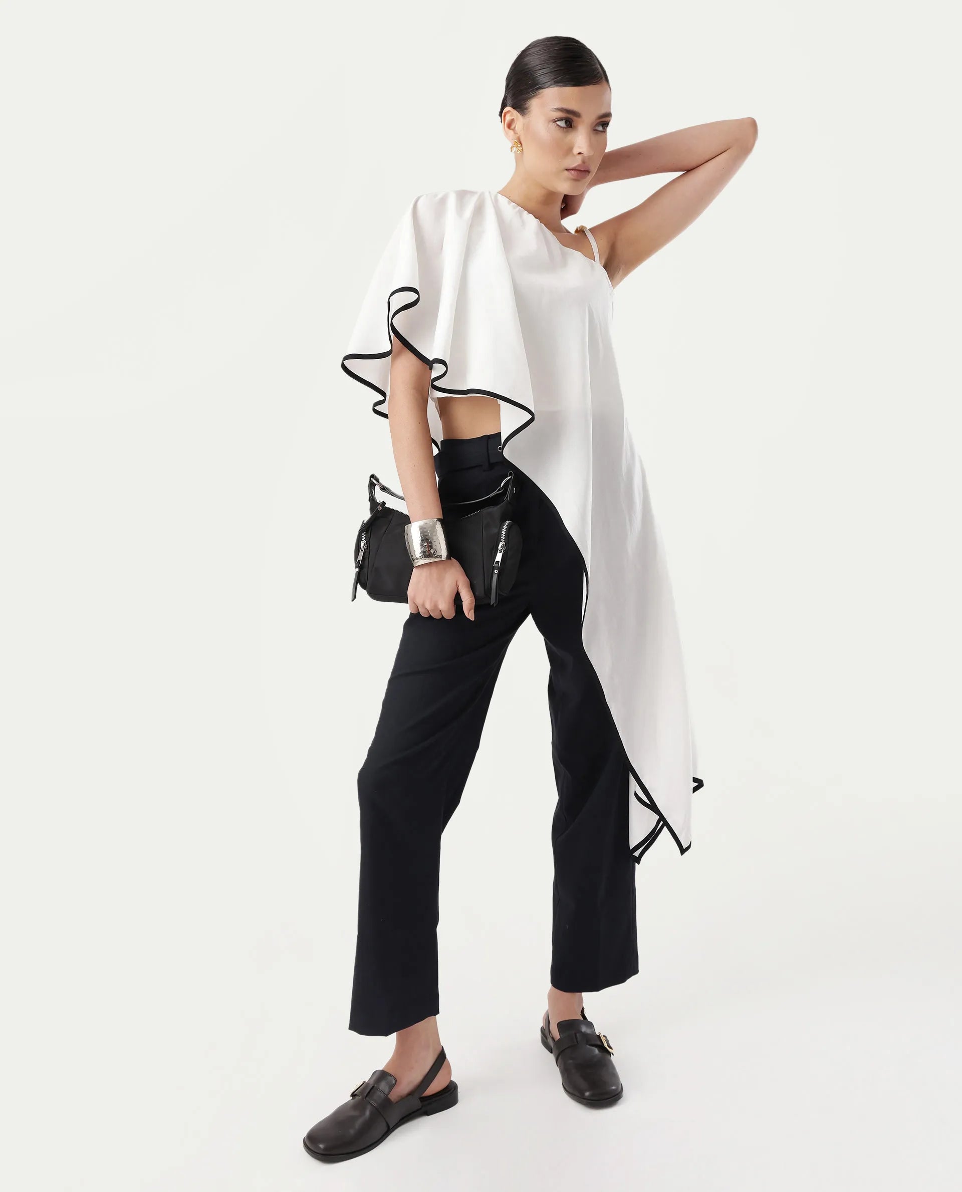 Rareism Women's Janhuna Beige Modal One Shoulder Plain Extended Sleeves Long Regular Fit Top