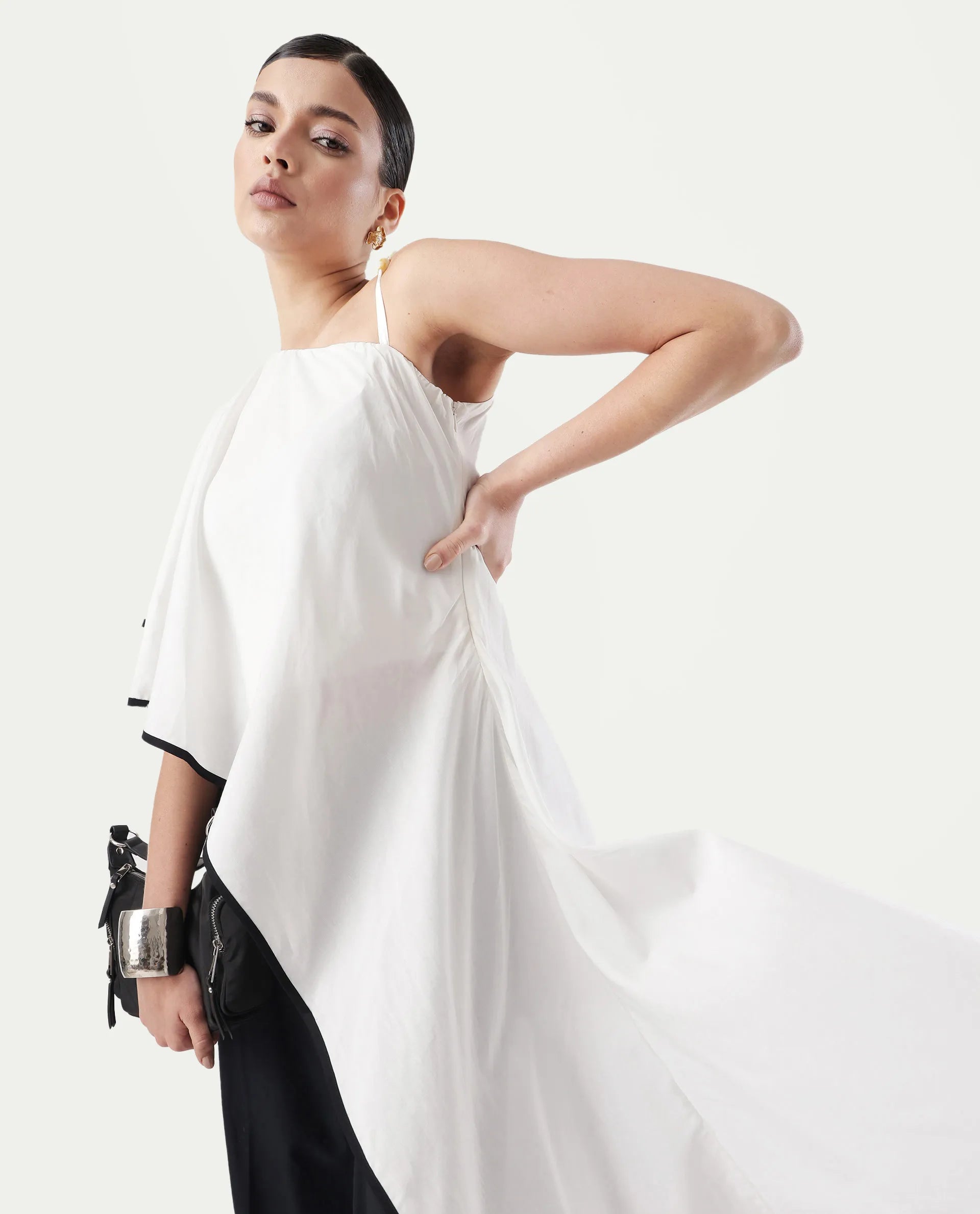 Rareism Women's Janhuna Beige Modal One Shoulder Plain Extended Sleeves Long Regular Fit Top