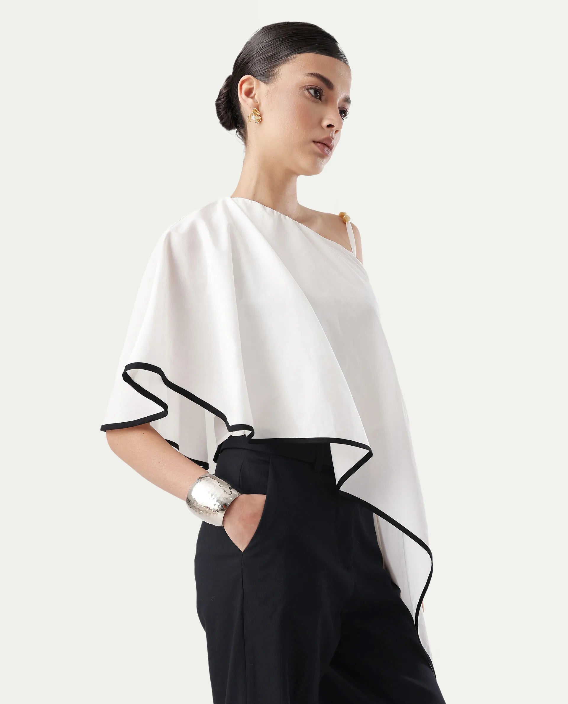 Rareism Women's Janhuna Beige Modal One Shoulder Plain Extended Sleeves Long Regular Fit Top