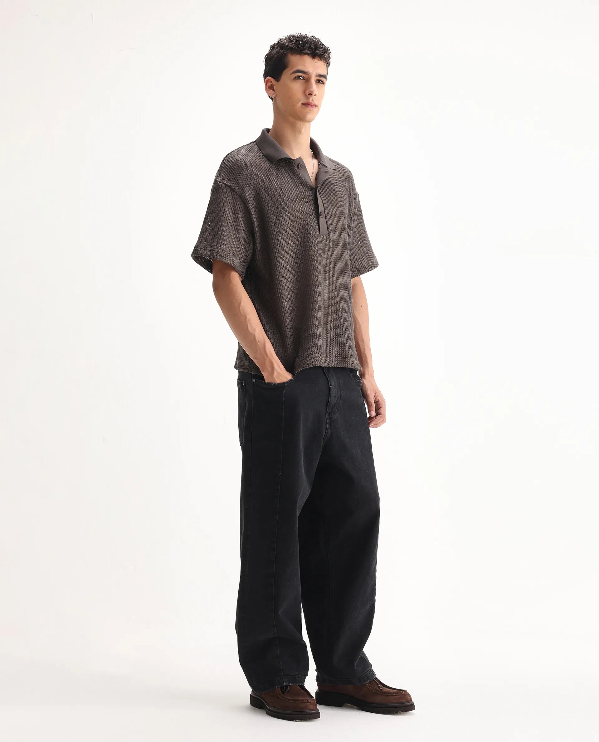 Rare Rabbit Men's Janik Grey Cotton Blend Plain Baggy Fit Jeans