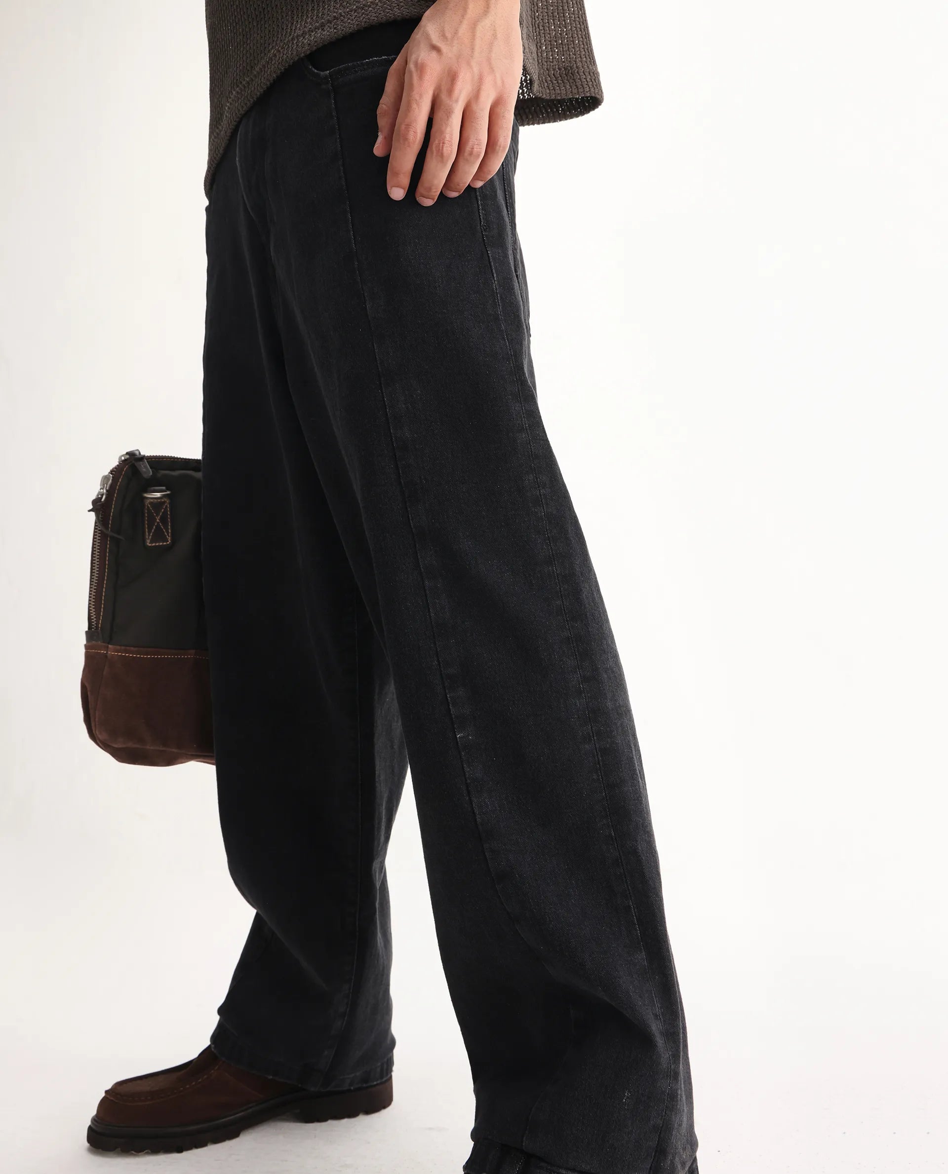 Rare Rabbit Men's Janik Grey Cotton Blend Plain Baggy Fit Jeans