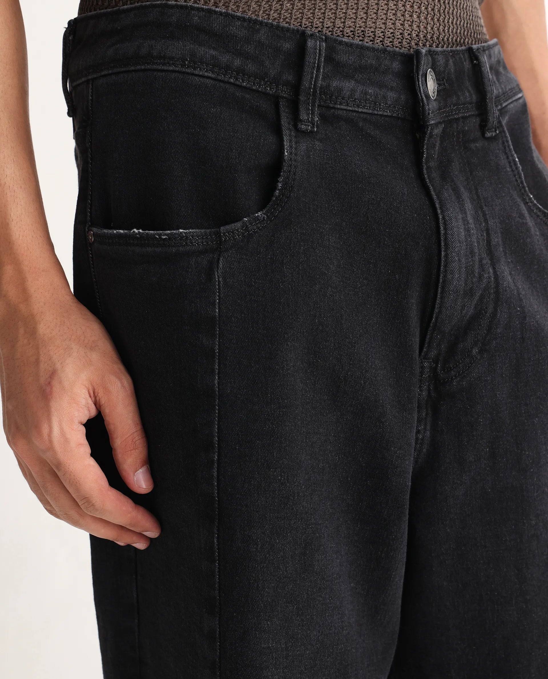 Rare Rabbit Men's Janik Grey Cotton Blend Plain Baggy Fit Jeans