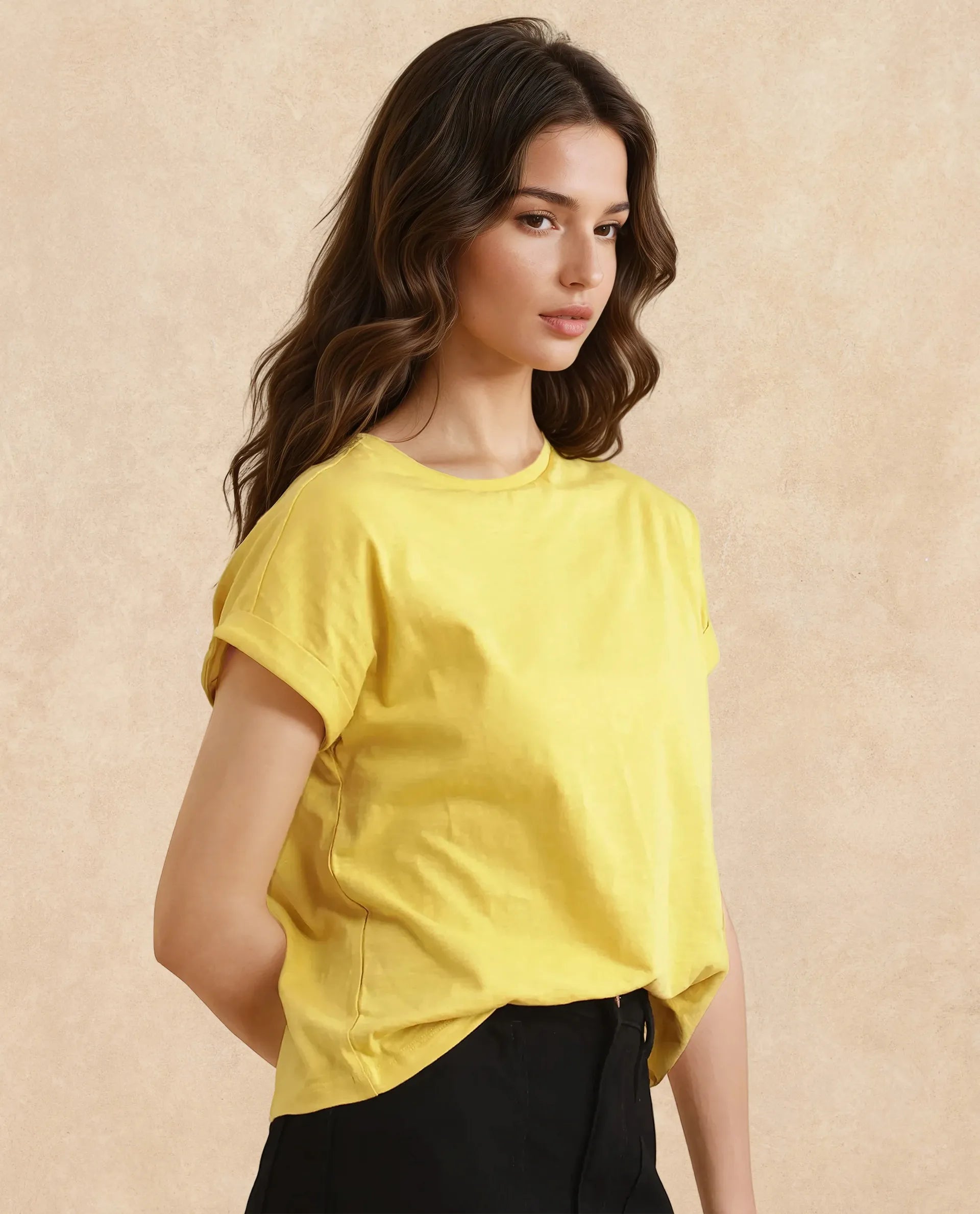 Rareism Women Janinen Mustard Rayon Nylon Fabric Extended Sleeve Collared Neck Regular Fit Plain T-Shirt