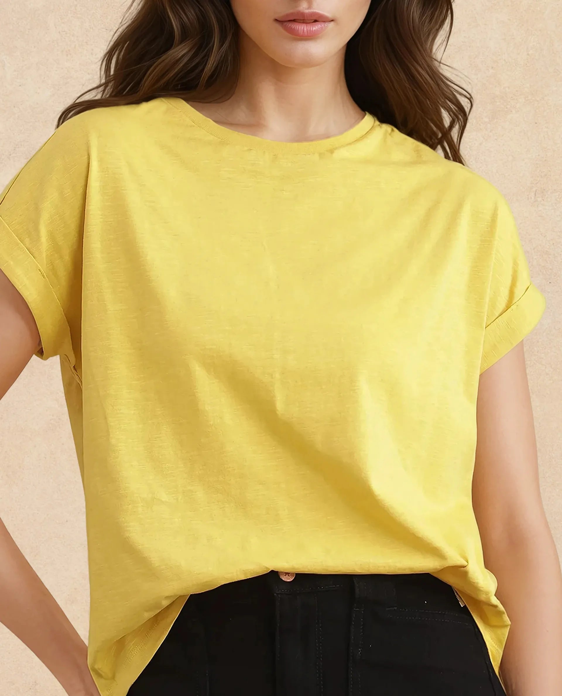 Rareism Women Janinen Mustard Rayon Nylon Fabric Extended Sleeve Collared Neck Regular Fit Plain T-Shirt
