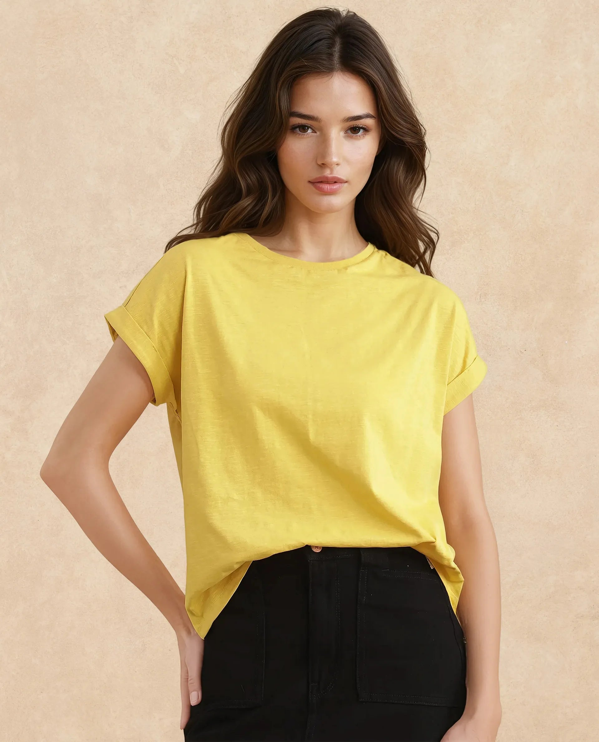 Rareism Women Janinen Mustard Rayon Nylon Fabric Extended Sleeve Collared Neck Regular Fit Plain T-Shirt