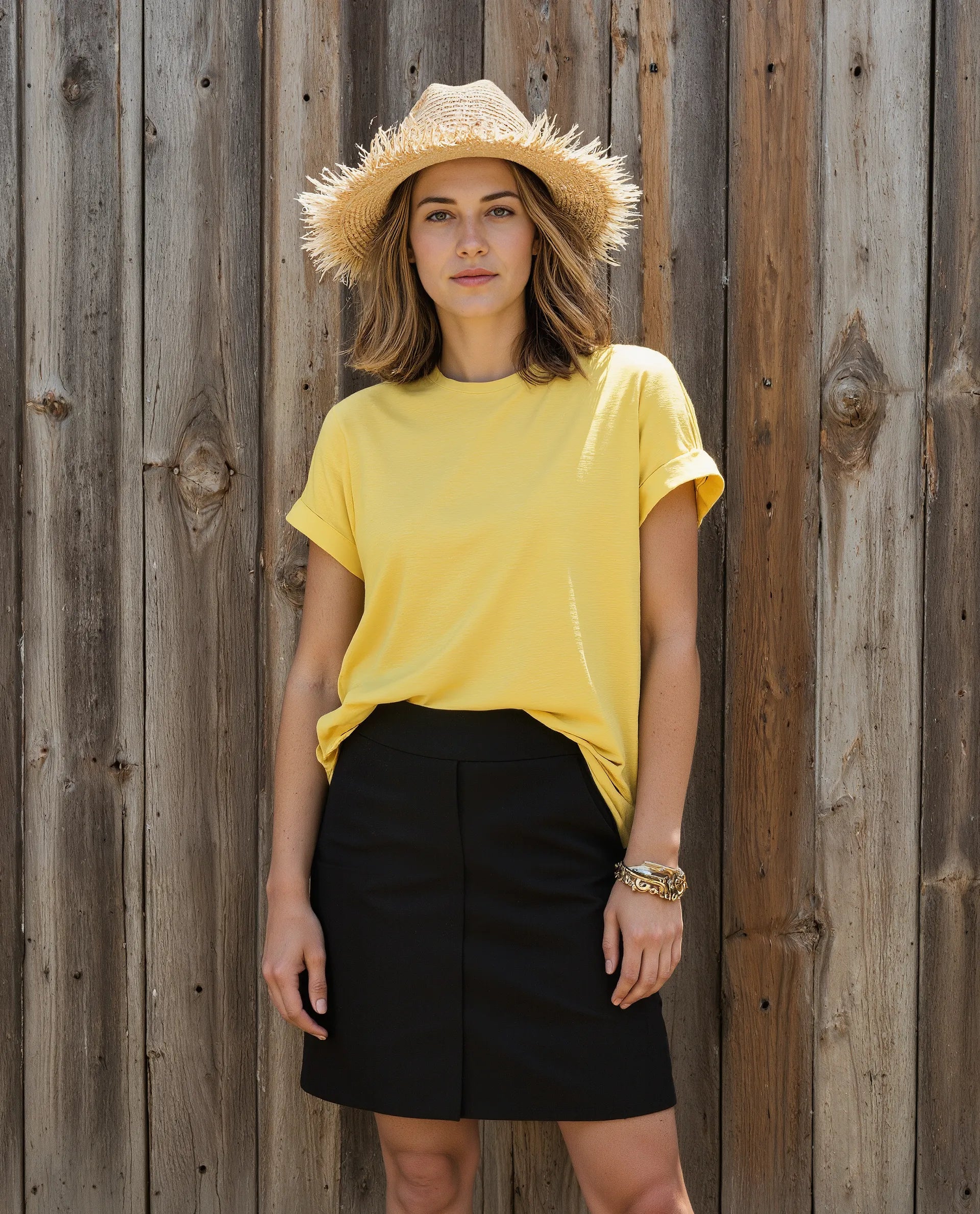 Rareism Women's Janinen Mustard Cotton Blend Round Neck Plain Extended Sleeves Regular Fit T-Shirt