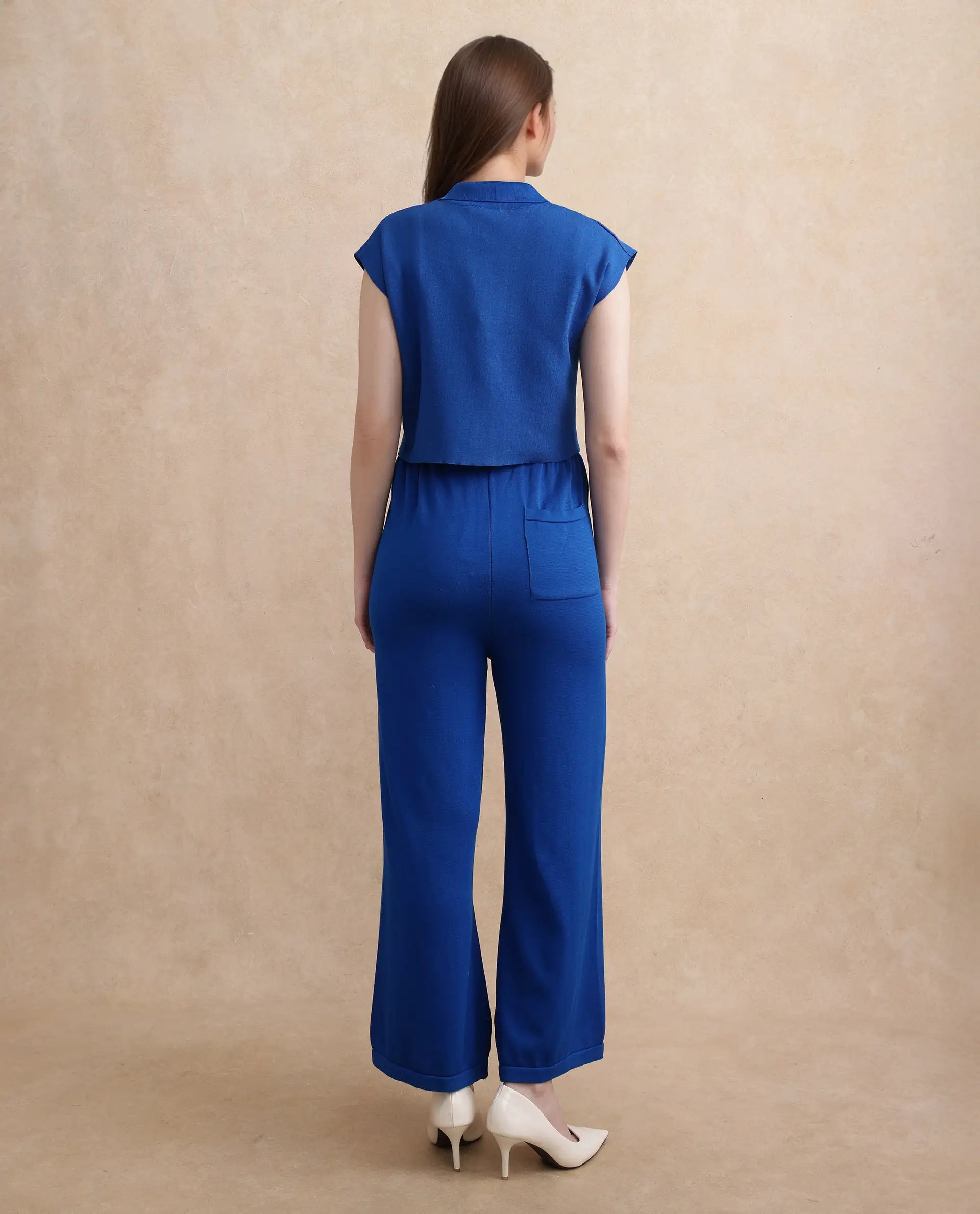 Rareism Women Jankara-B Blue Rayon Nylon Fabric Straight Fit Ankle Length Plain Trouser
