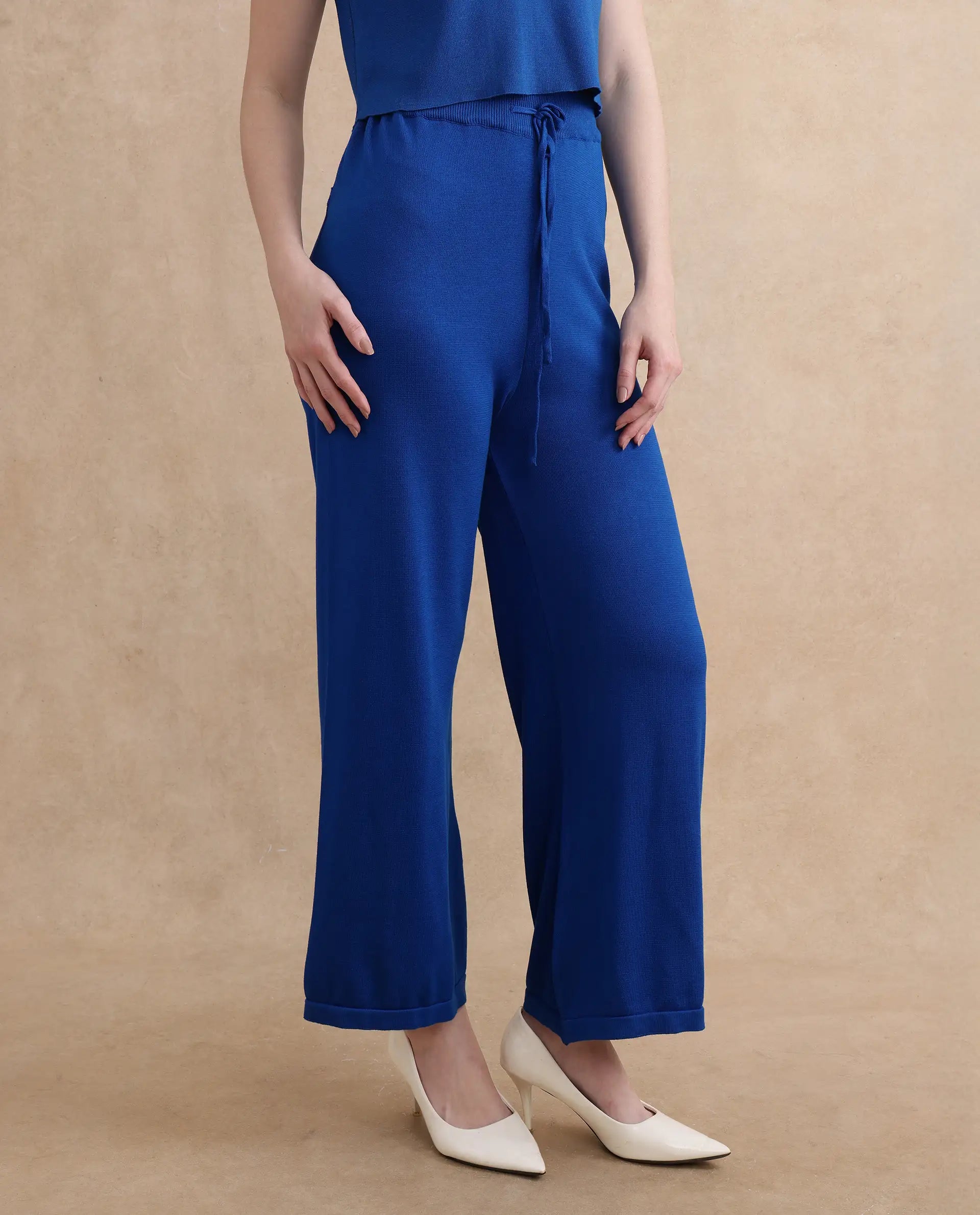 Rareism Women Jankara-B Blue Rayon Nylon Fabric Straight Fit Ankle Length Plain Trouser