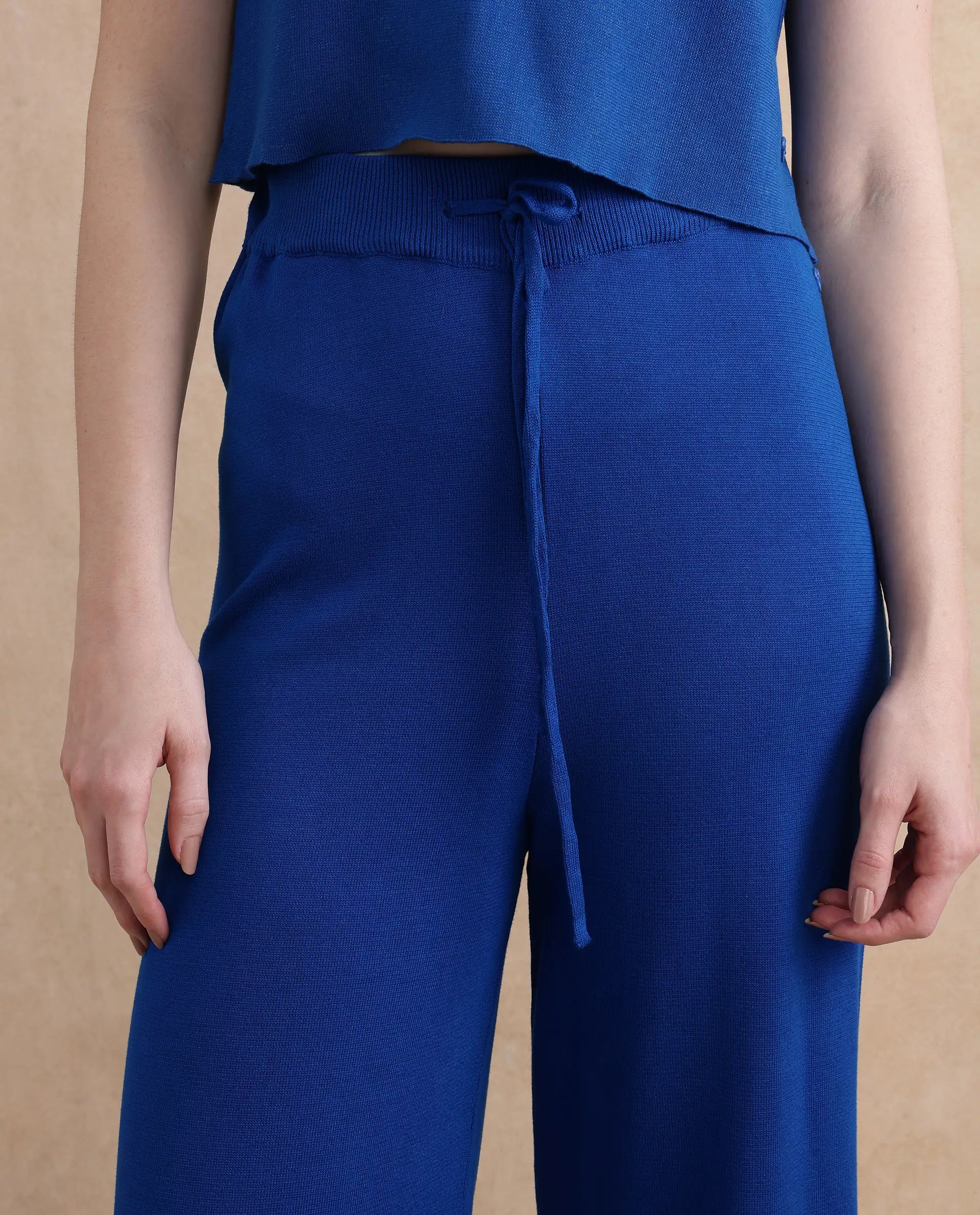 Rareism Women Jankara-B Blue Rayon Nylon Fabric Straight Fit Ankle Length Plain Trouser