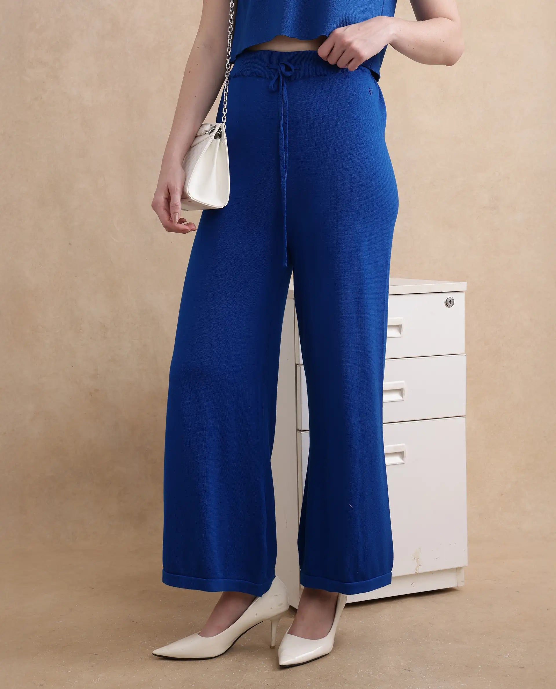 Rareism Women Jankara-B Blue Rayon Nylon Fabric Straight Fit Ankle Length Plain Trouser