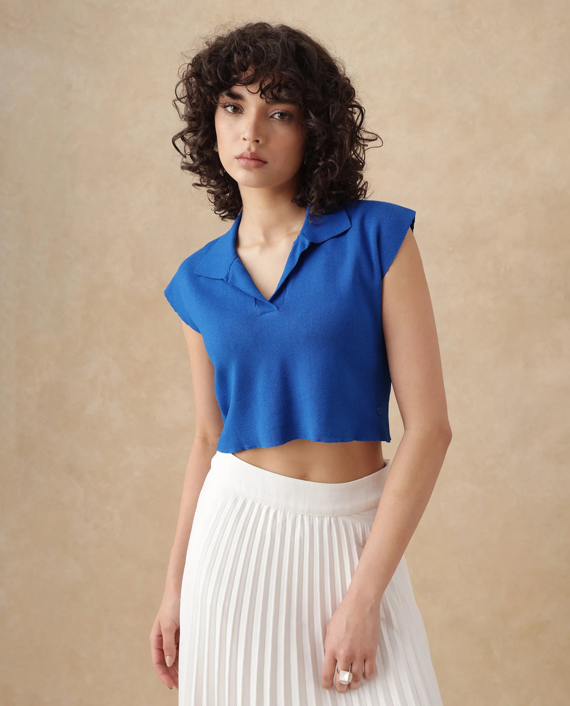 Rareism Women's Jankara T Blue Viscose Blend Johnny Collar Plain Extended Sleeves Crop Regular Fit Top