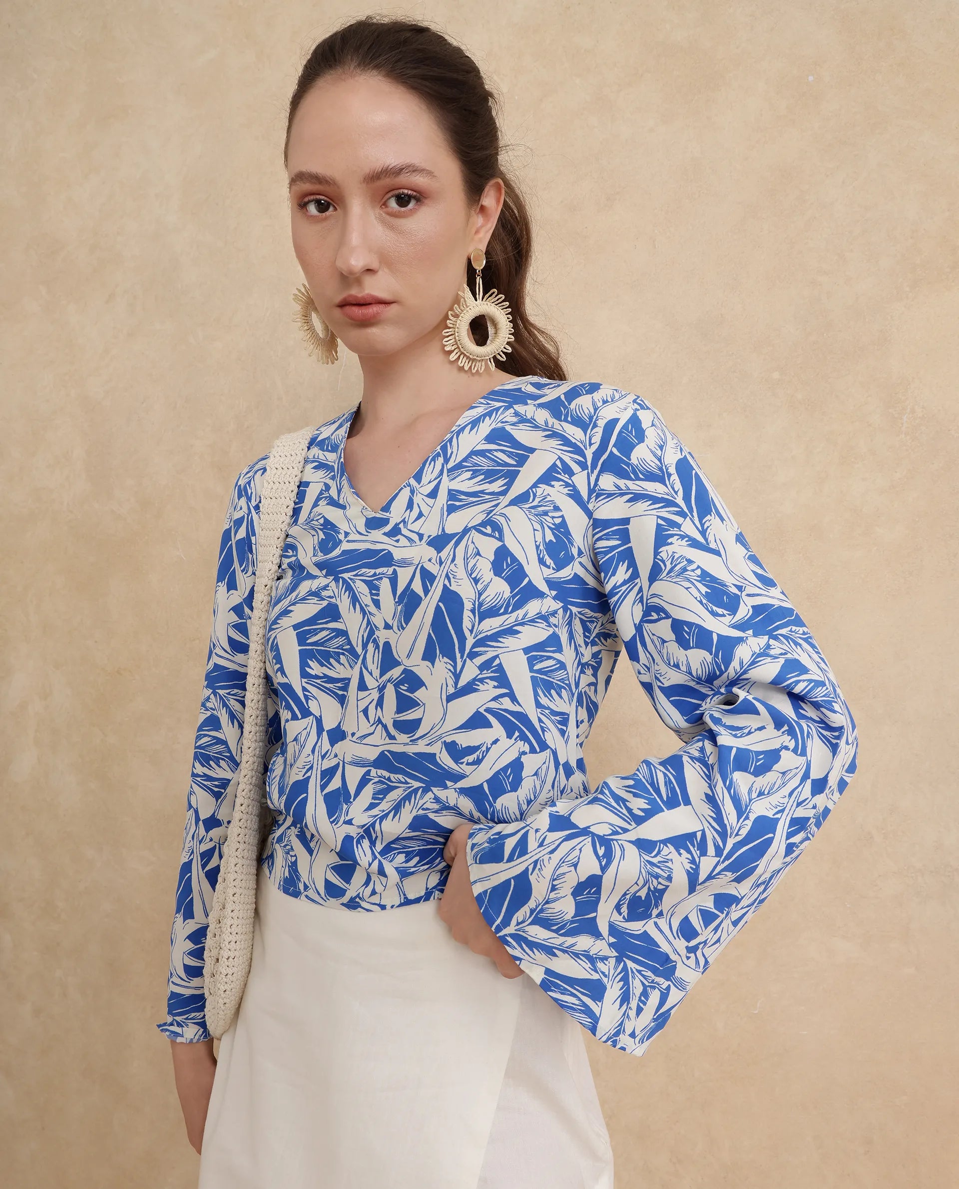 Rareism Women Jankem Light Blue Viscose Fabric Bell Seeves Regular Fit Cropped Abstract Print Top