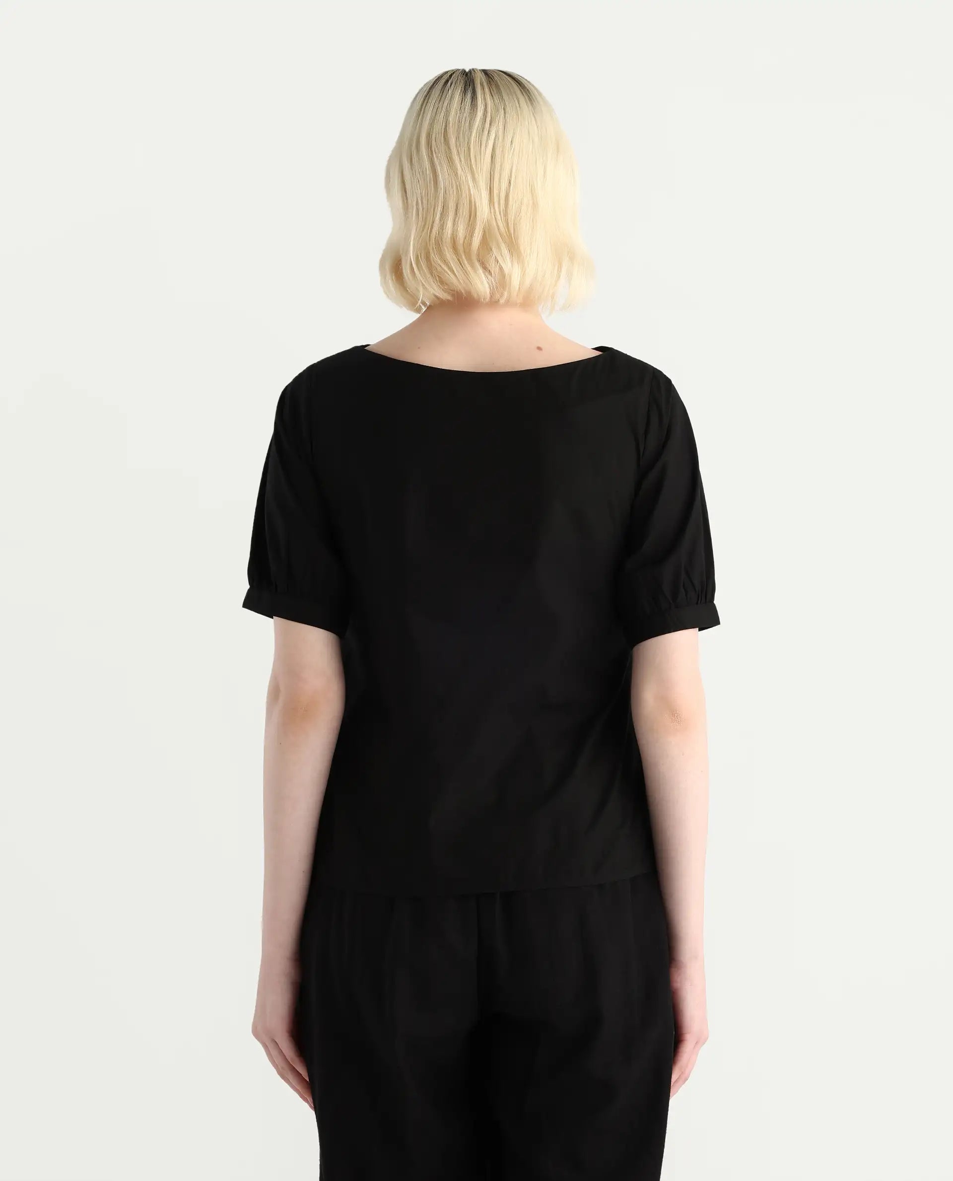 Rareism Women's Janla Black Cotton Boat Neck Embroidered Regular Fit Top