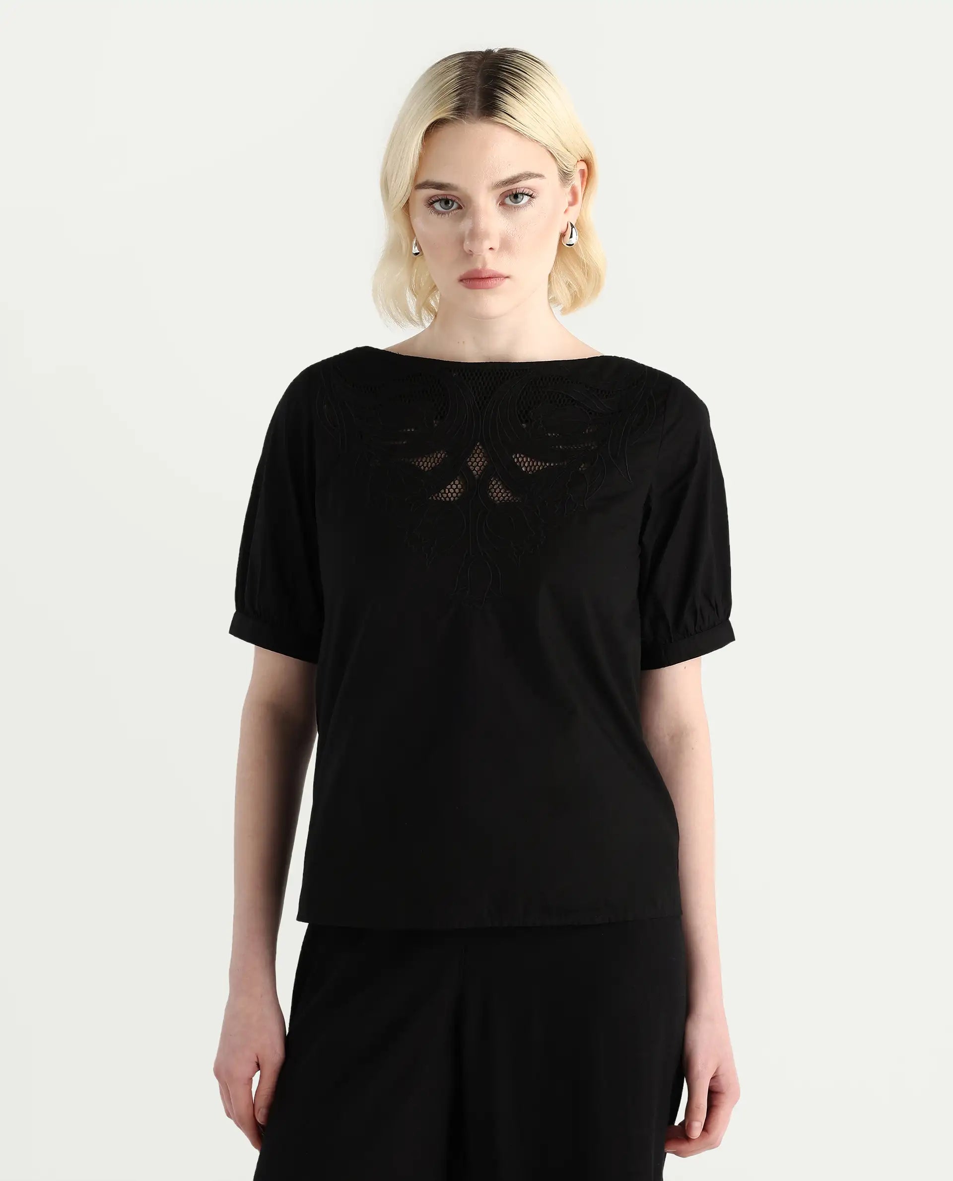 Rareism Women's Janla Black Cotton Boat Neck Embroidered Regular Fit Top