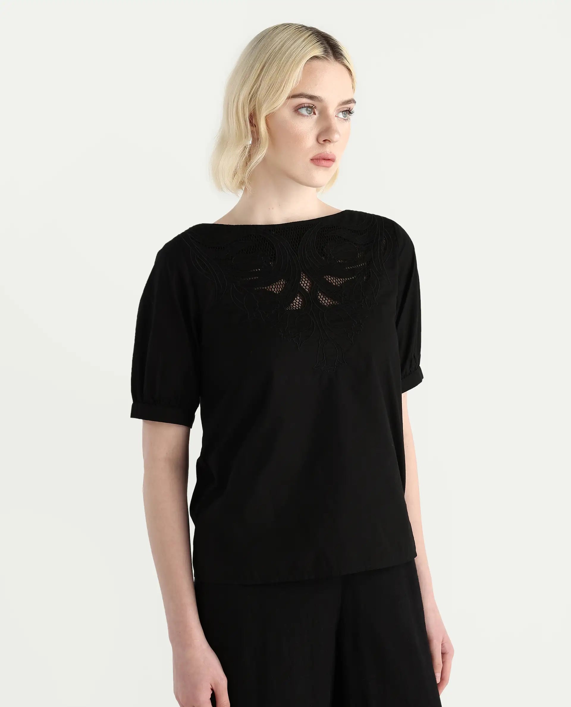 Rareism Women's Janla Black Cotton Boat Neck Embroidered Regular Fit Top