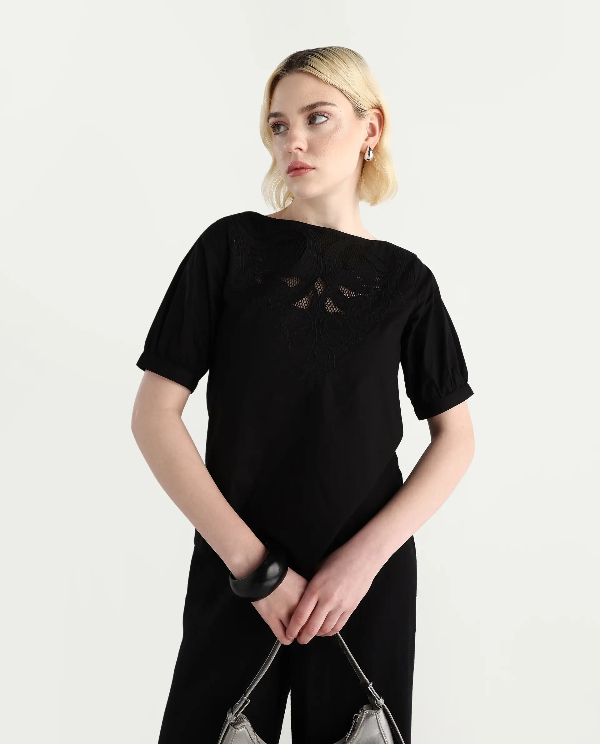 Rareism Women's Janla Black Cotton Boat Neck Embroidered Regular Fit Top
