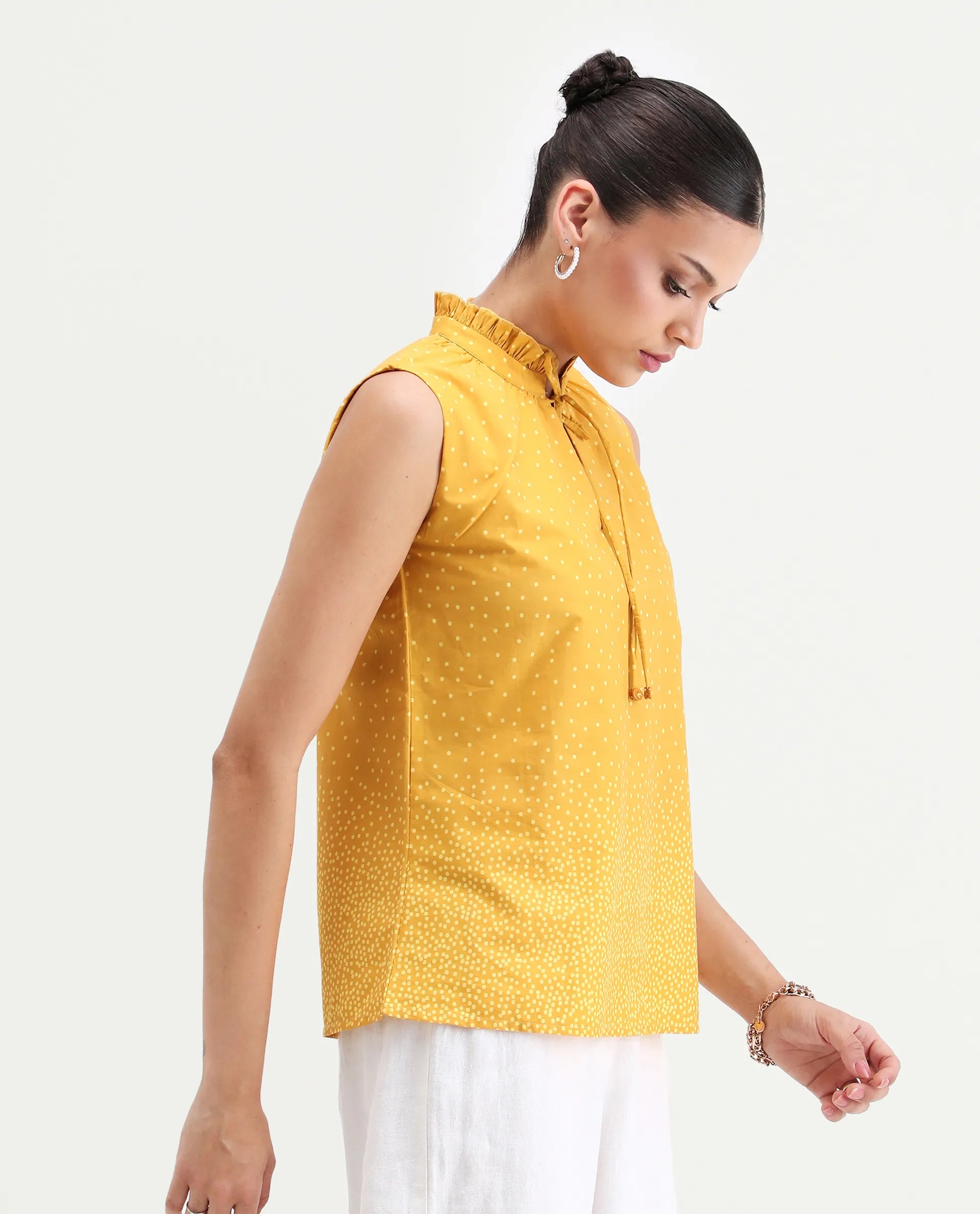 Rareism Women's Janlepo Mustard Cotton Band Collar Polka Print Sleeveless Regular Fit Top