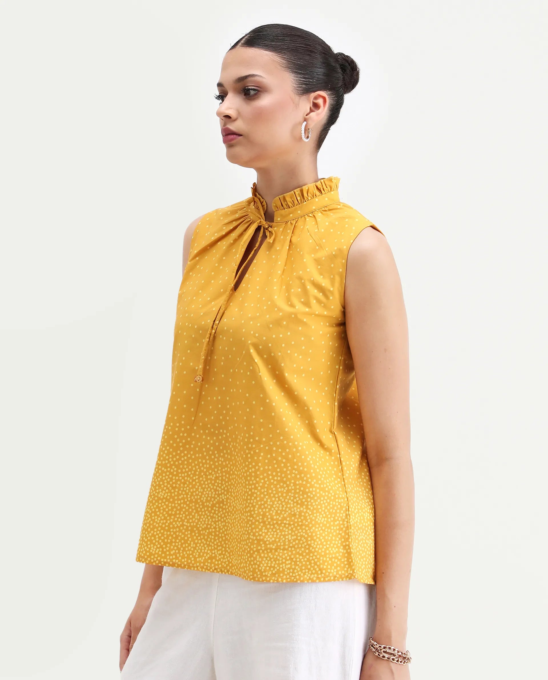 Rareism Women's Janlepo Mustard Cotton Band Collar Polka Print Sleeveless Regular Fit Top