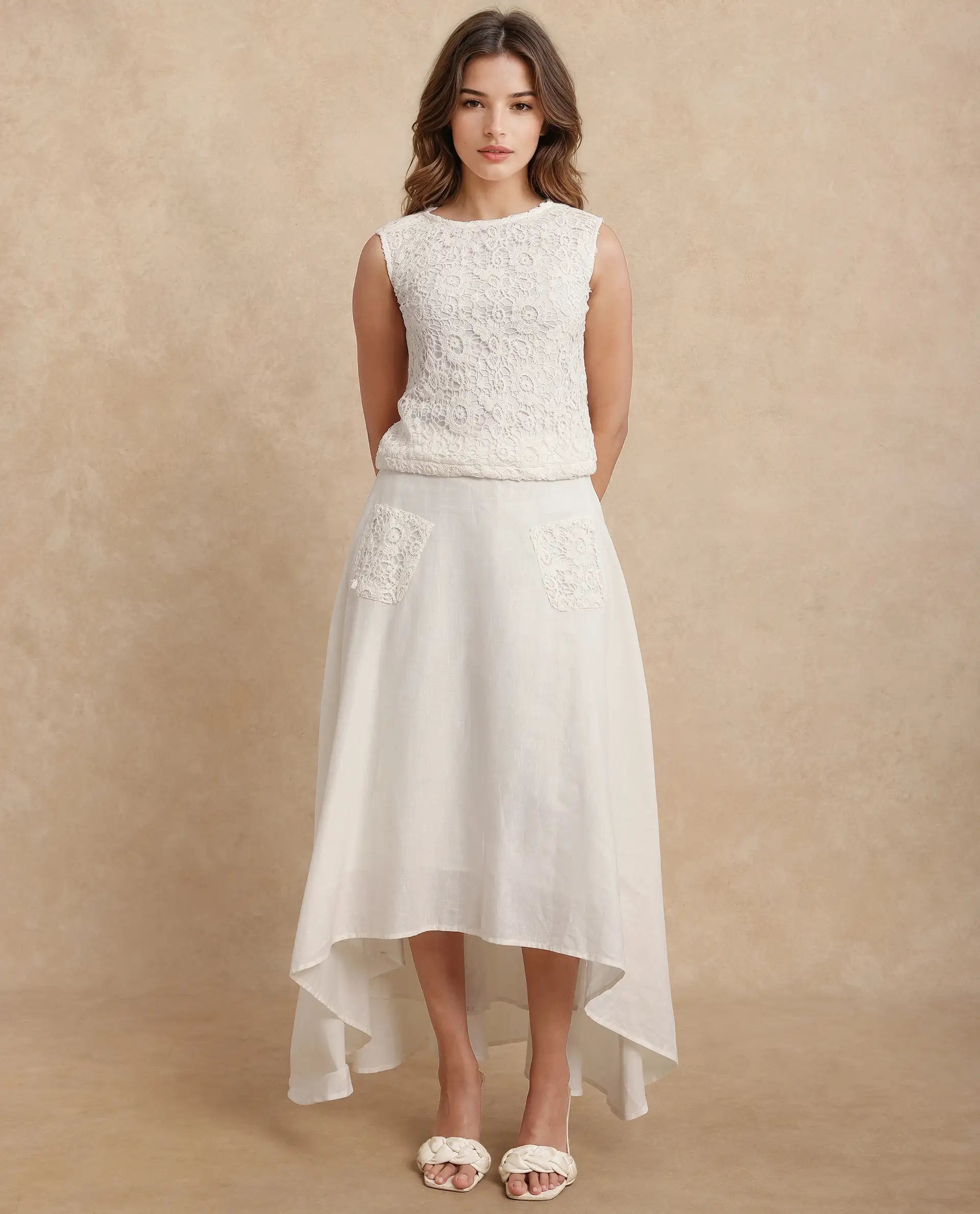 Rareism Women's Janlom T White Cotton Round Neck Abstract Print Sleeveless Crop Boxy Fit Top