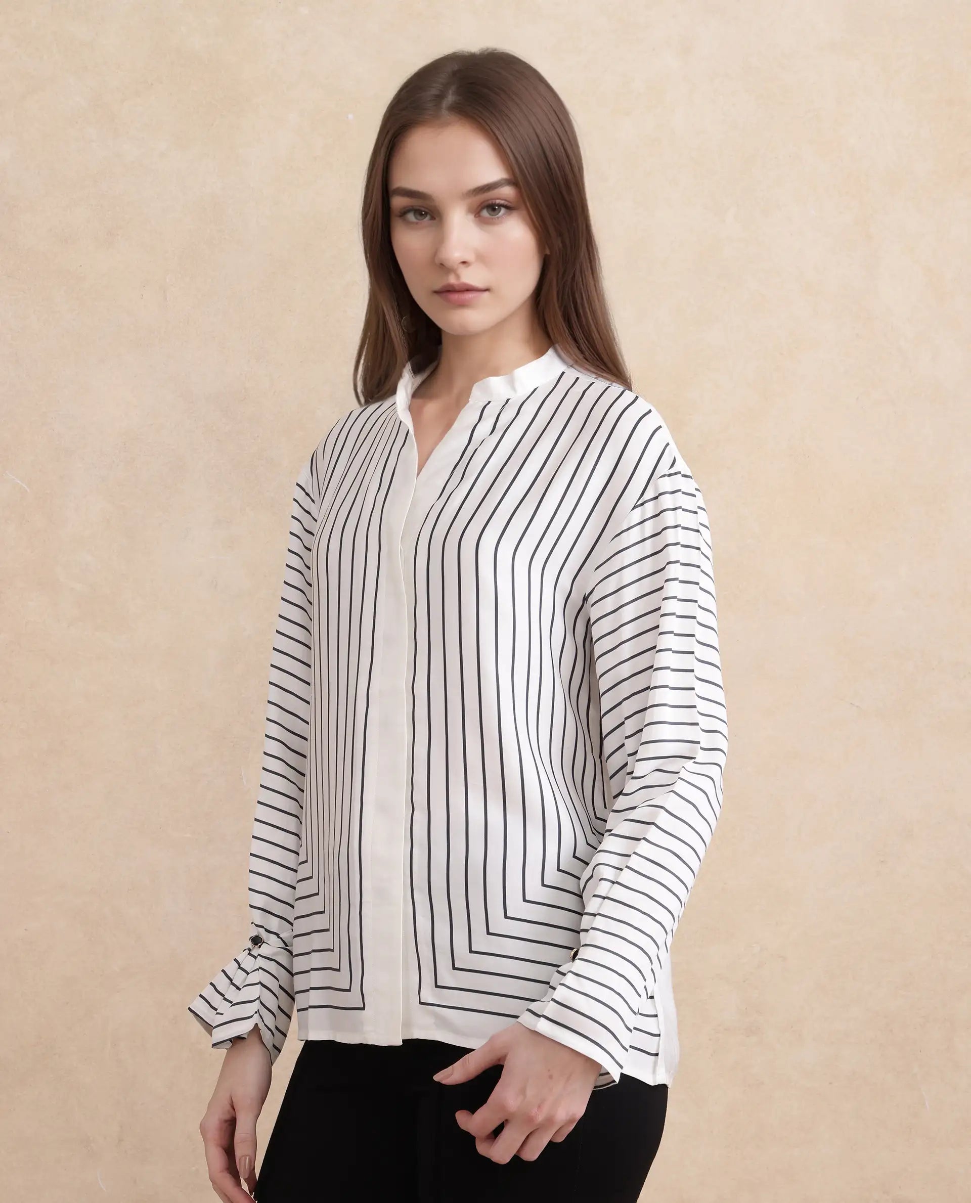 Rareism Women Janlopo Off White Modal Fabric Regular Sleeve Regular Fit Narrow Stripes Top