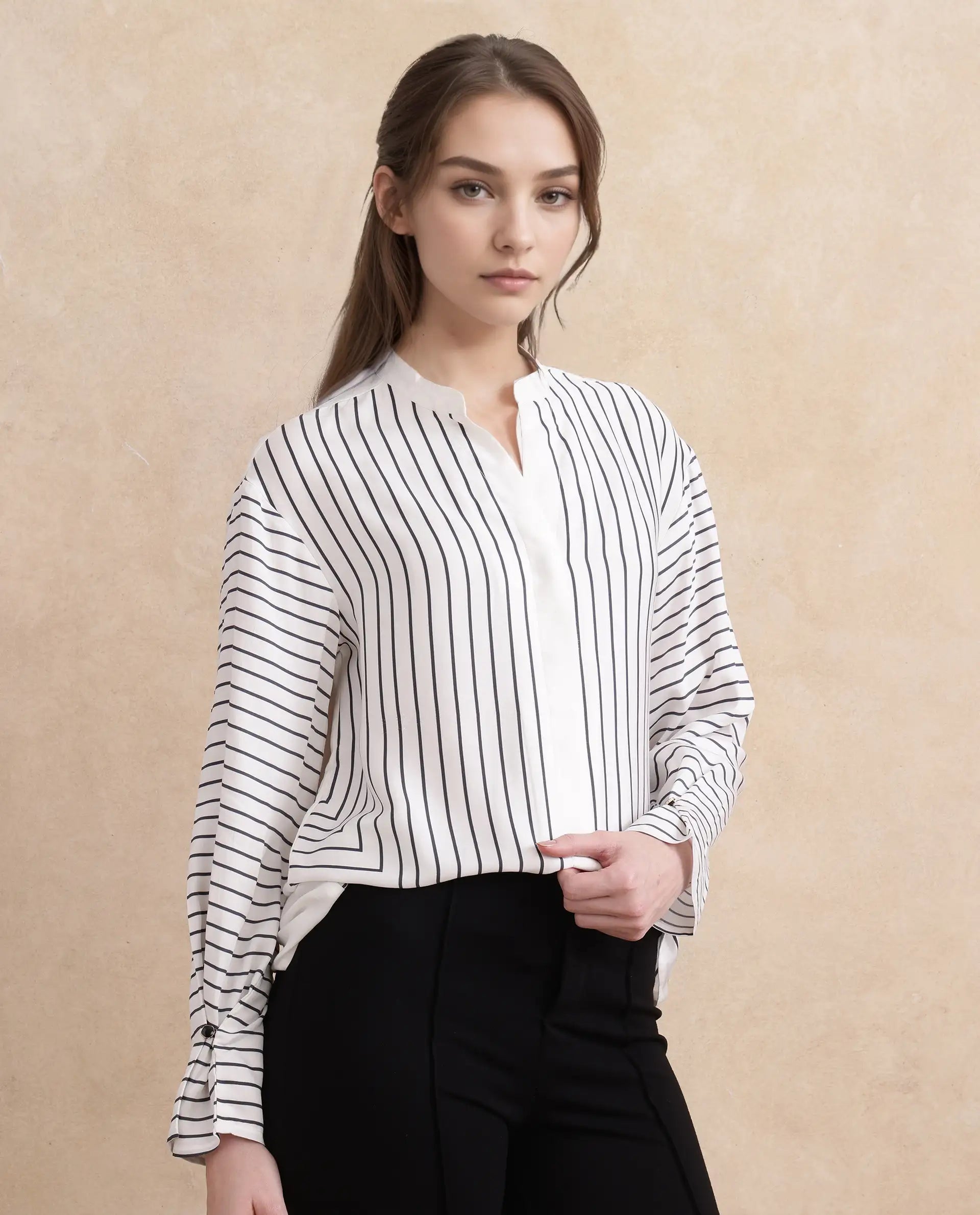 Rareism Women Janlopo Off White Modal Fabric Regular Sleeve Regular Fit Narrow Stripes Top