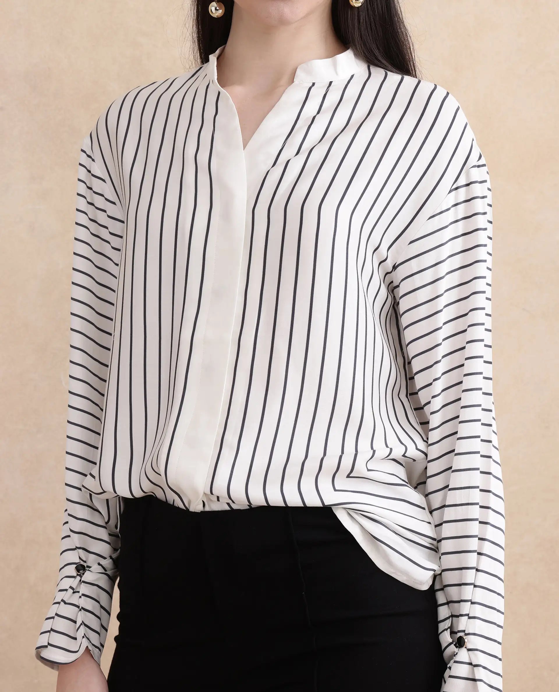 Rareism Women Janlopo Off White Modal Fabric Regular Sleeve Regular Fit Narrow Stripes Top