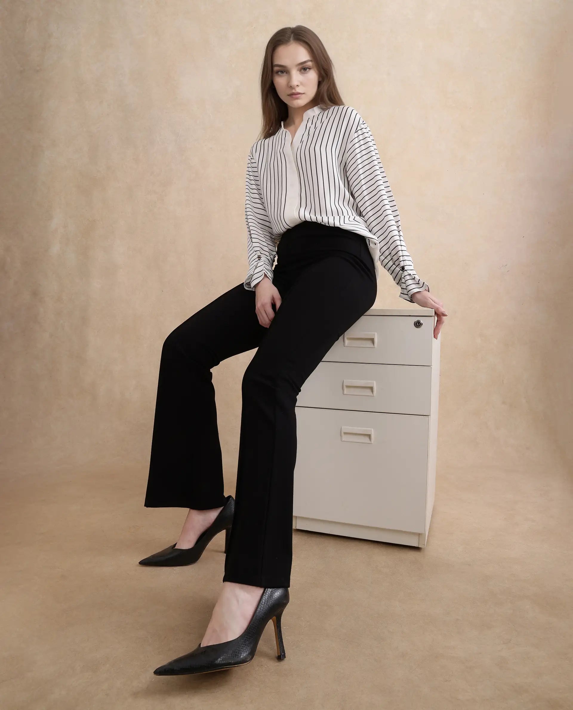 Rareism Women Janlopo Off White Modal Fabric Regular Sleeve Regular Fit Narrow Stripes Top