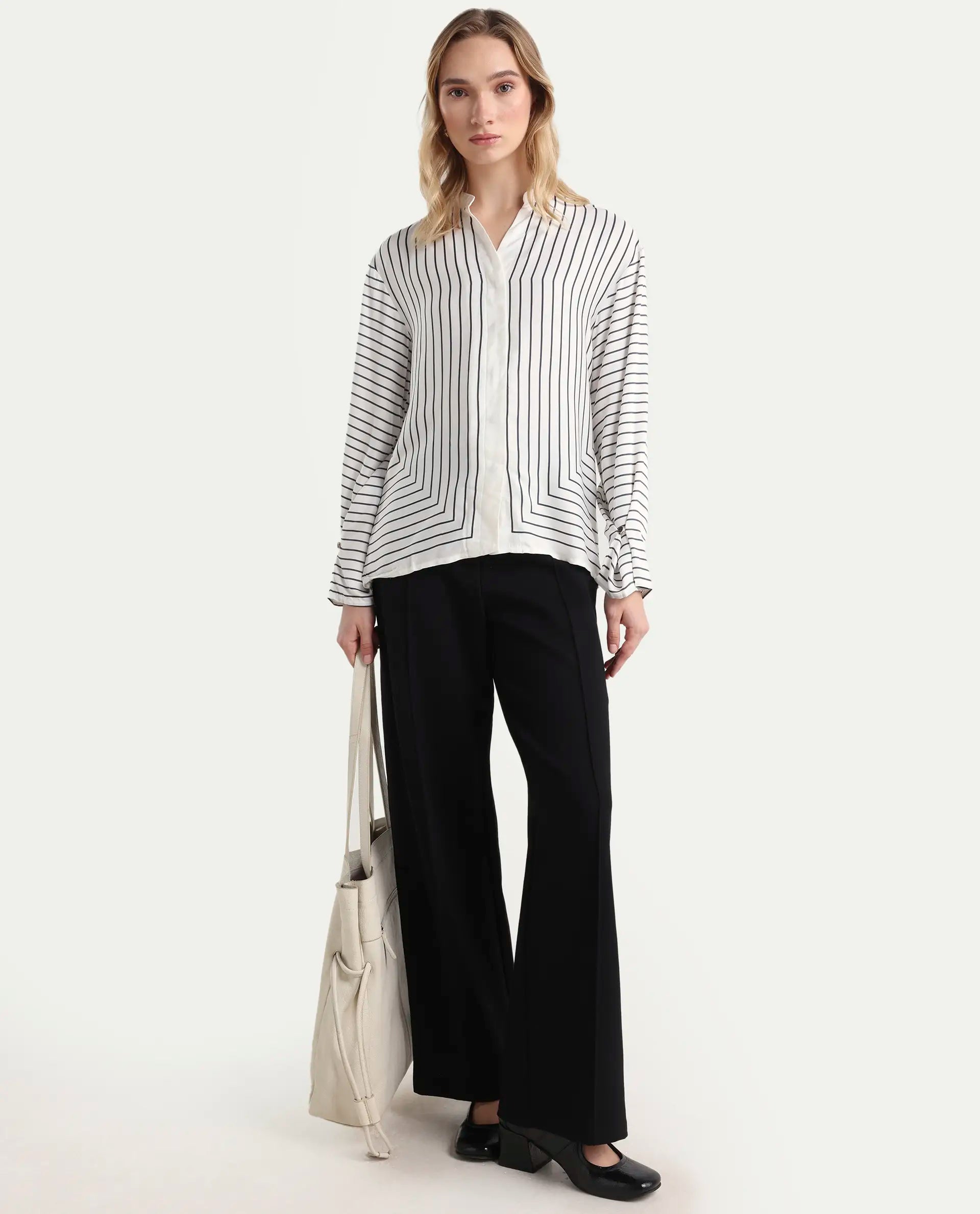 Rareism Women's Janlopo Off White Modal Band Collar Striped Regular Fit Top