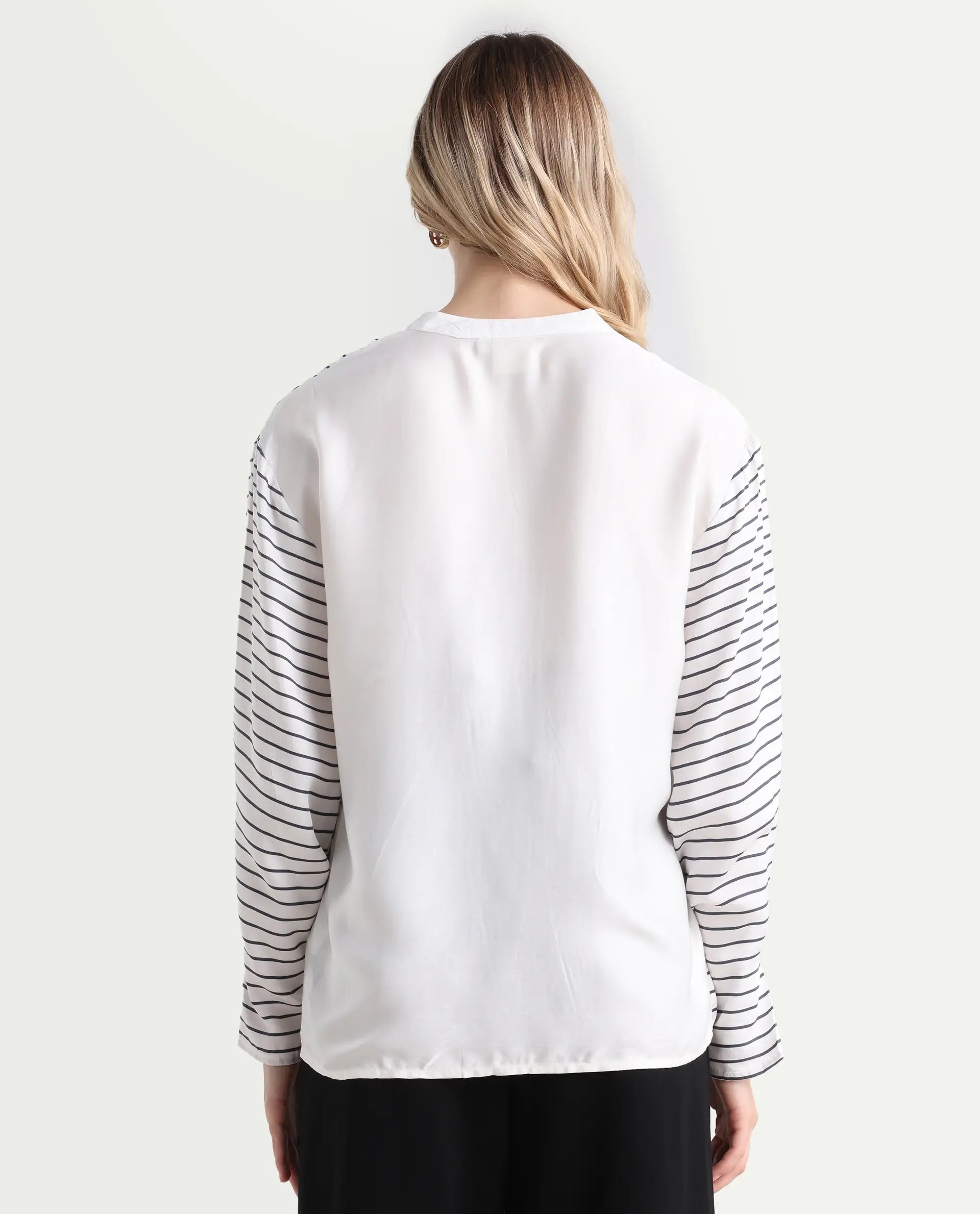 Rareism Women's Janlopo Off White Modal Band Collar Striped Regular Fit Top