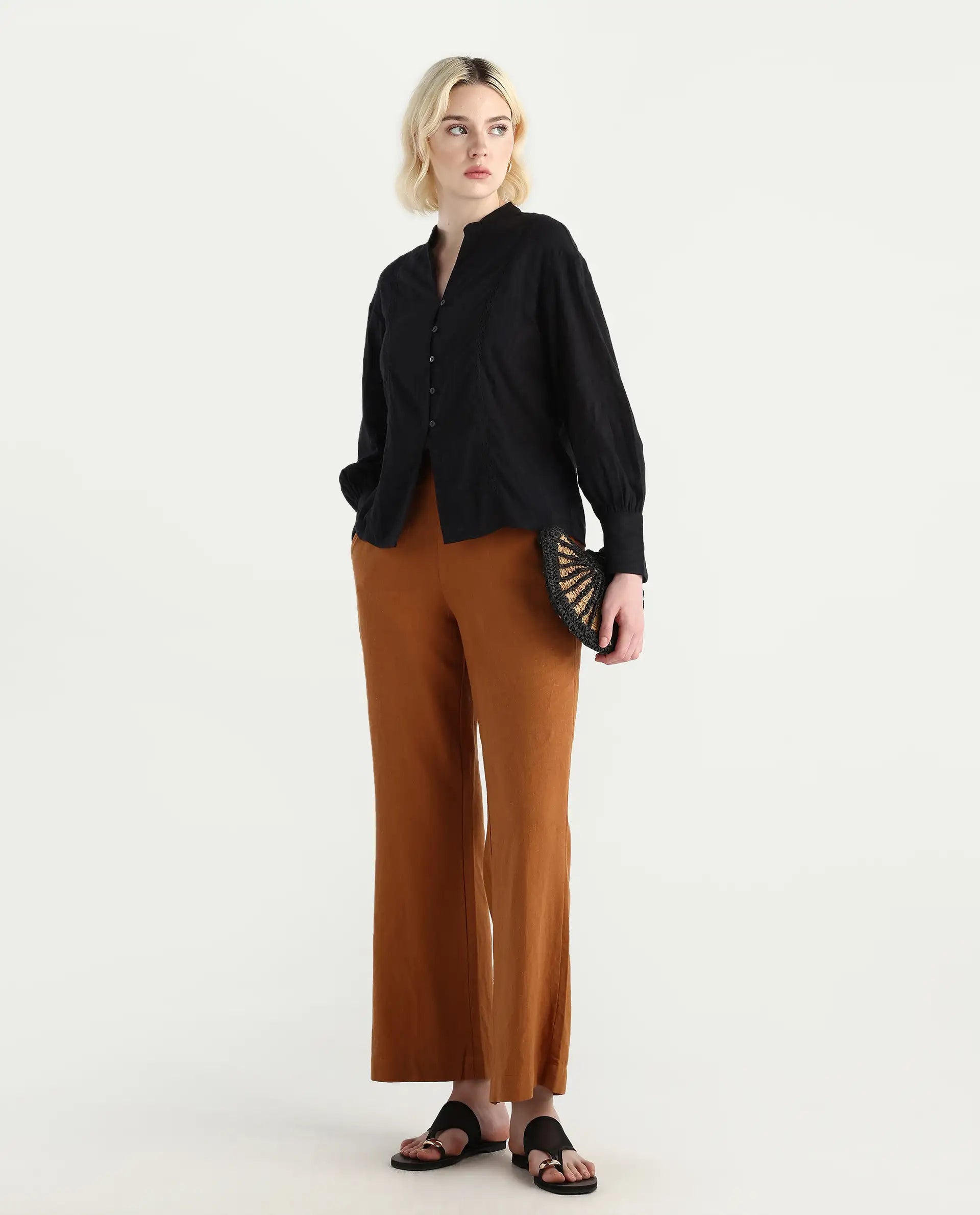 Rareism Women's Janmax Black Cotton Mandarin Collar Plain Cuffed Sleeve Regular Fit Top