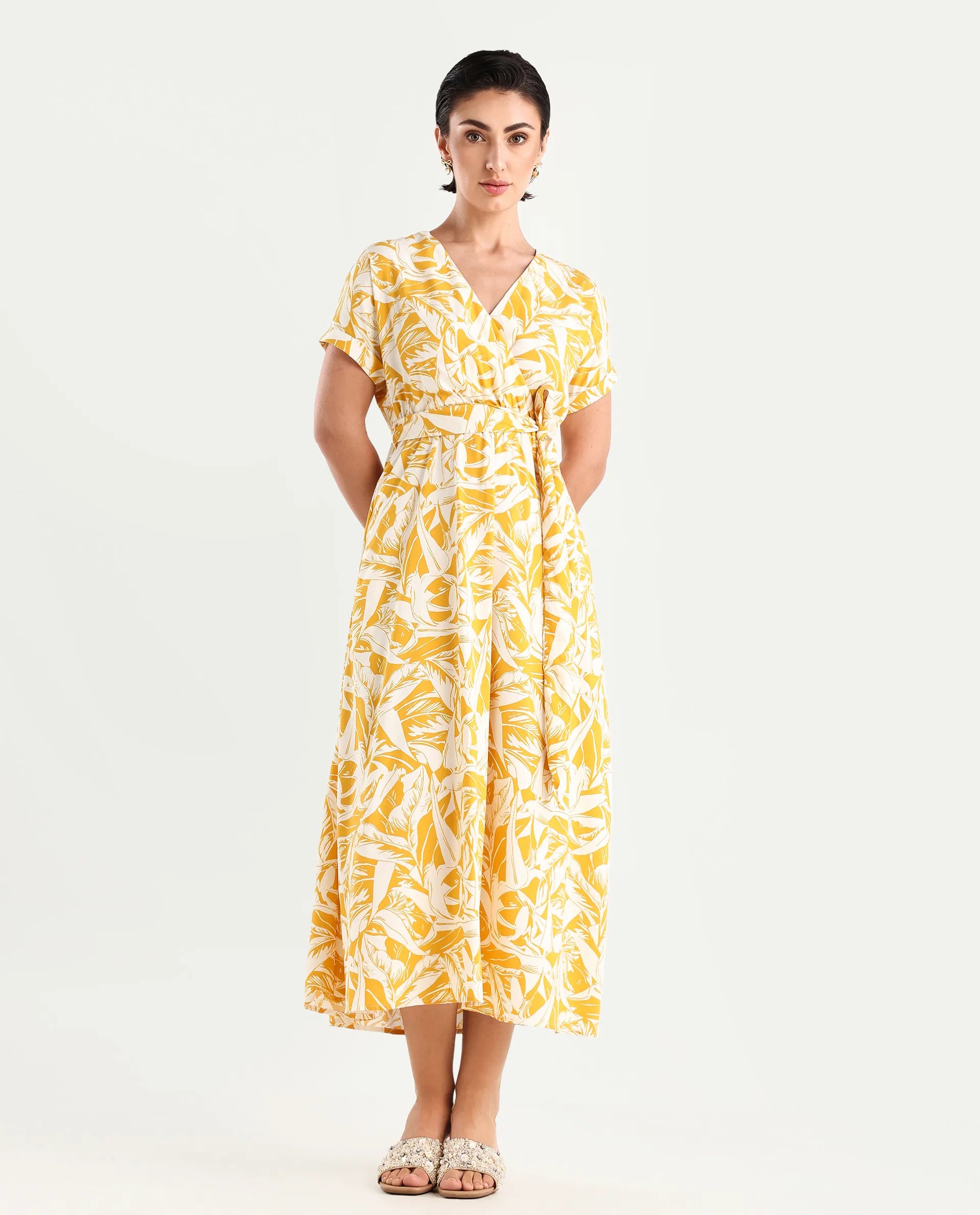 Rareism Women's Janmink Light Mustard Viscose Overlap Neck Floral Print Ruffled Sleeve Midi Wrap Dress