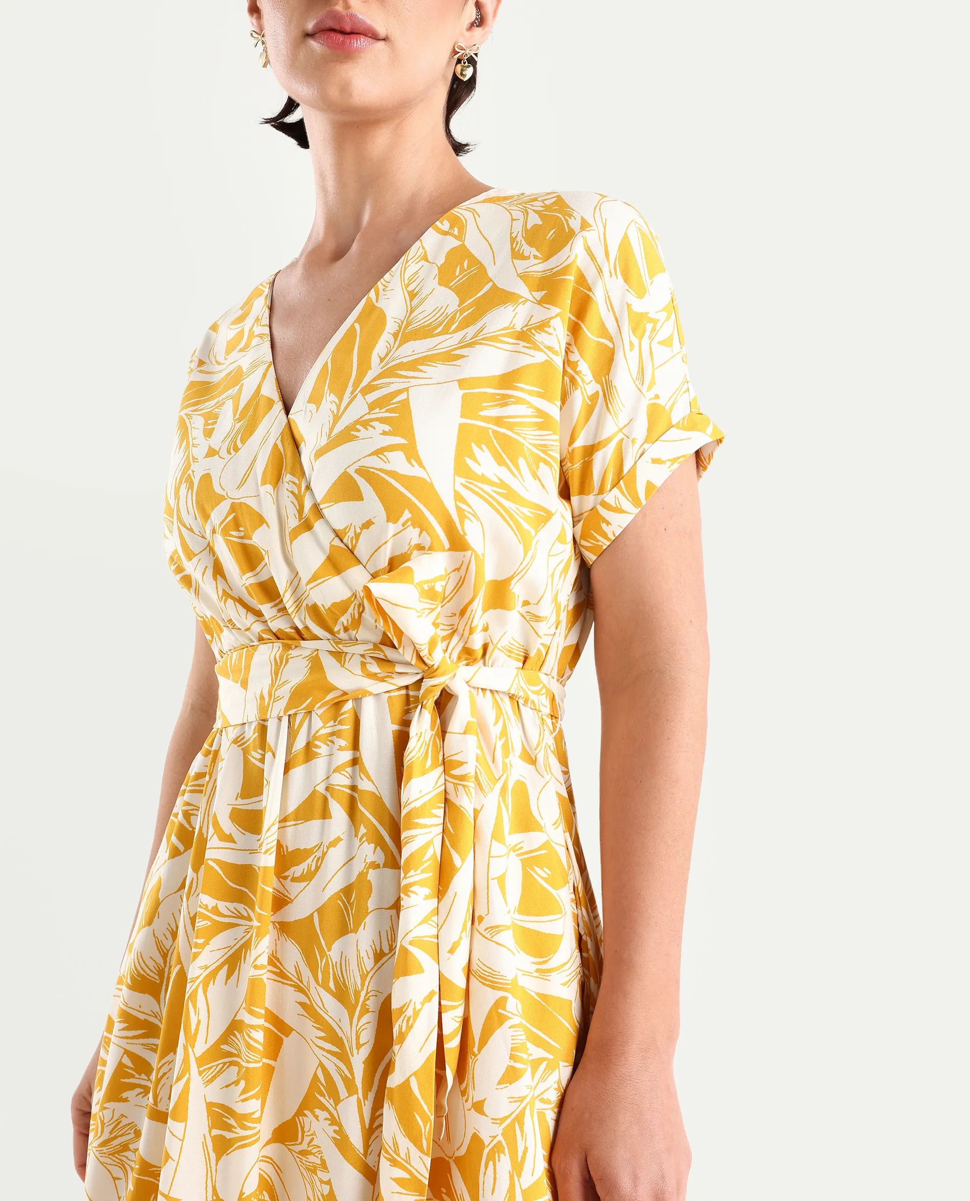 Rareism Women's Janmink Light Mustard Viscose Overlap Neck Floral Print Ruffled Sleeve Midi Wrap Dress